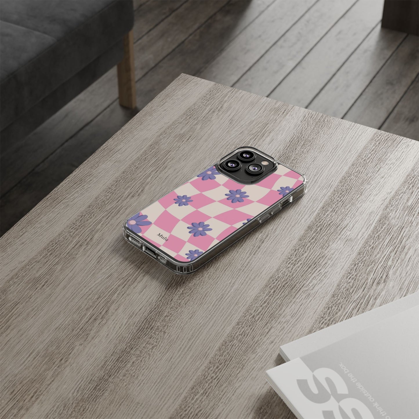 Clear Impact Phone Case — Pink Checkerboard with Purple Flowers