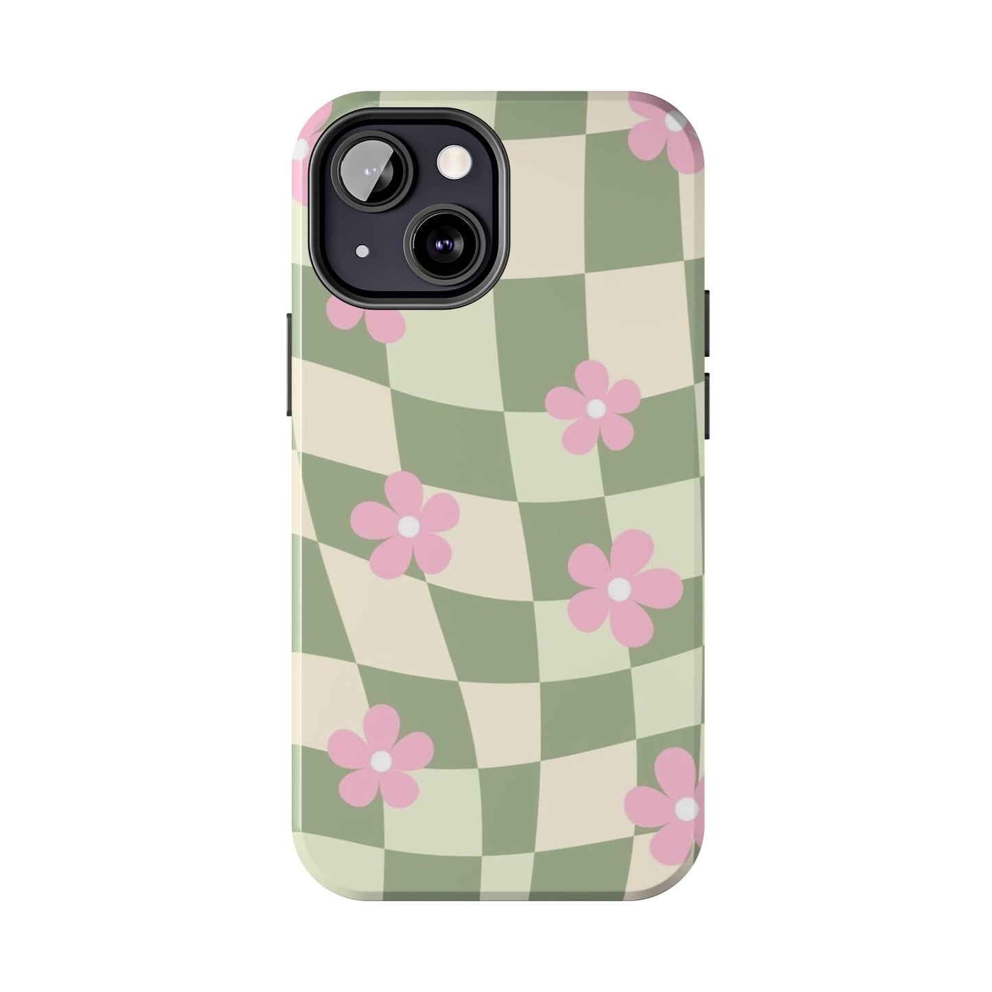 Tough Phone Case — Retro Green Checkerboard with Pink Flowers