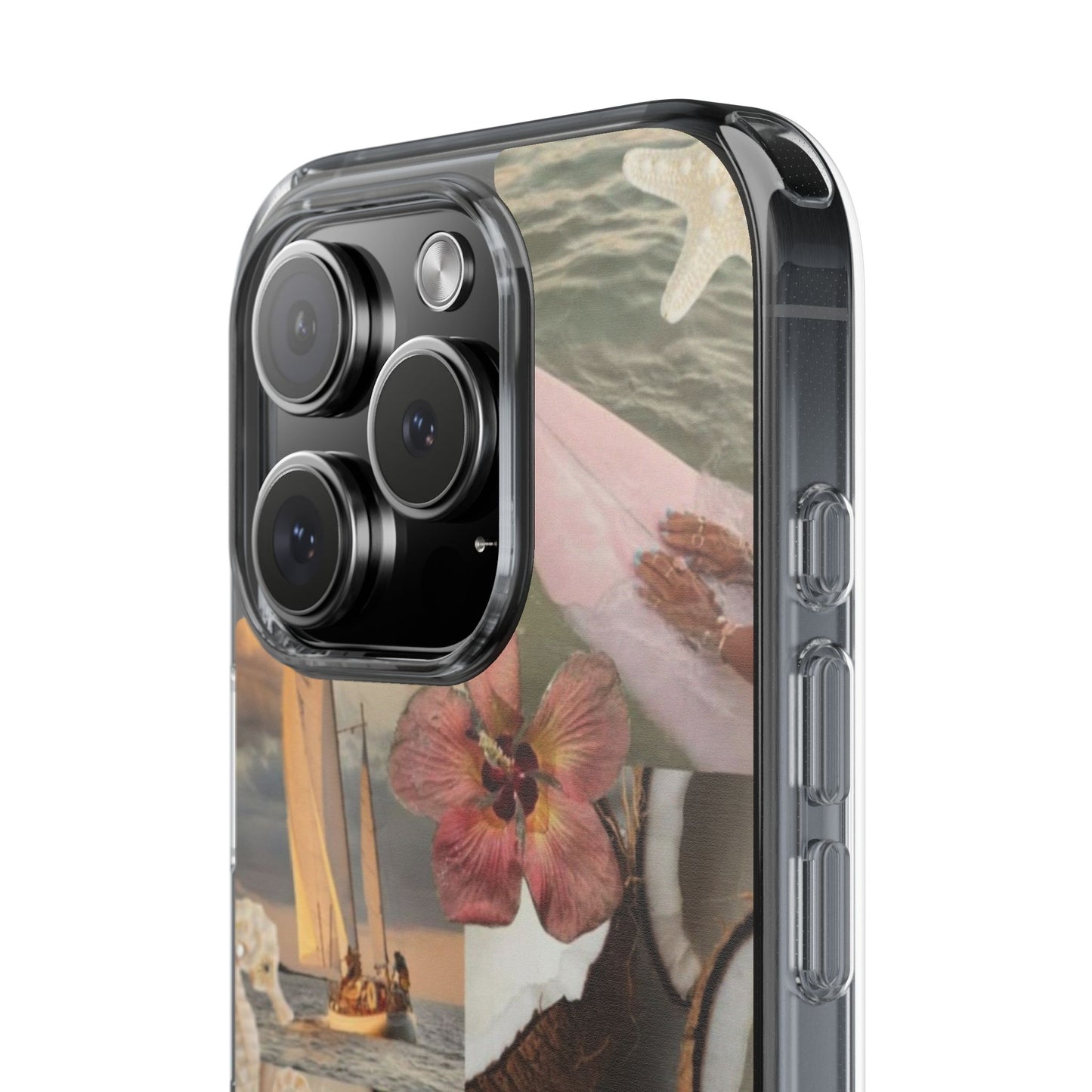 Clear Phone Case — Coastal Collage Shells & Surf Design