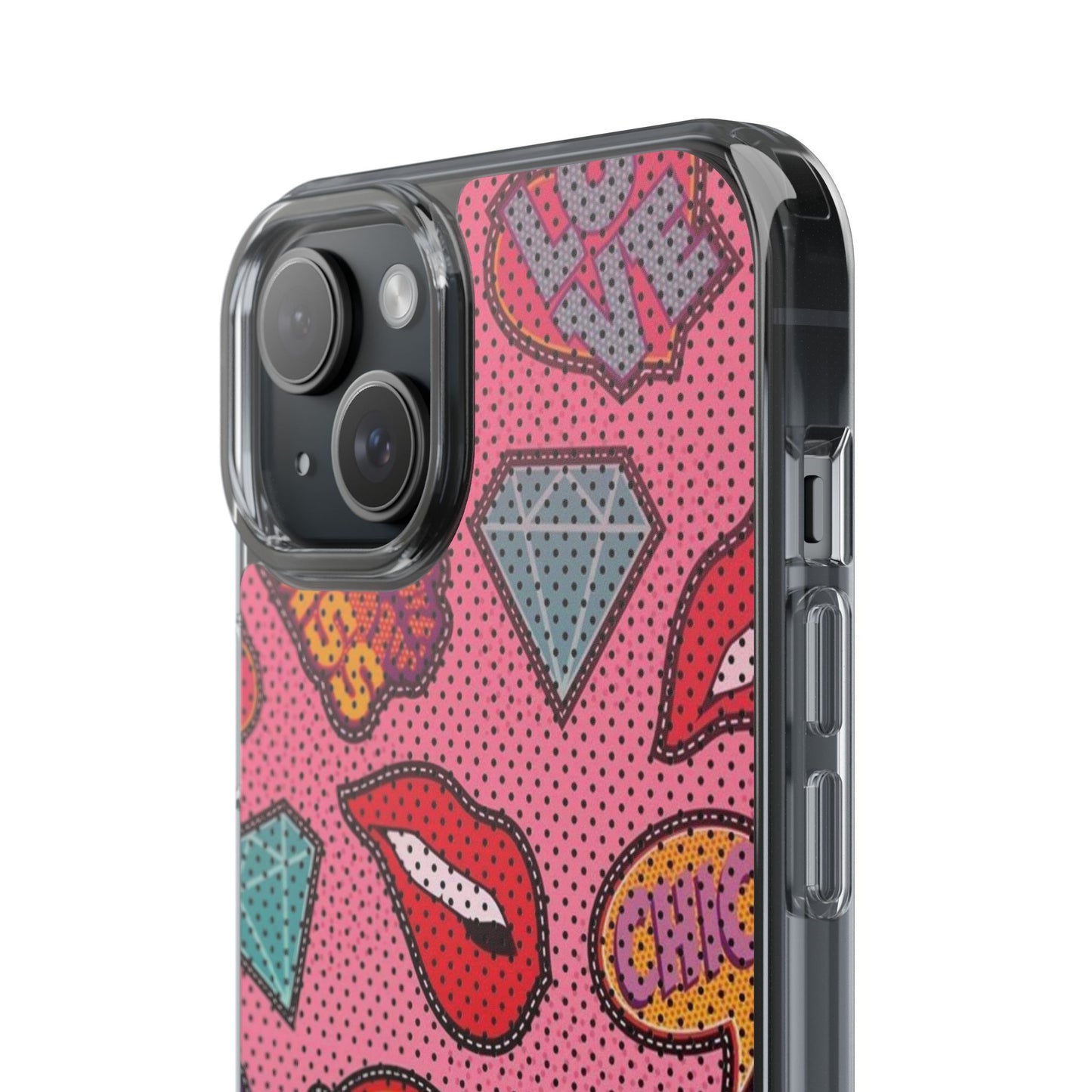 Clear Impact-Resistant Phone Case — Pink Pop Sticker Pattern (Hearts, Rainbows, Smileys)