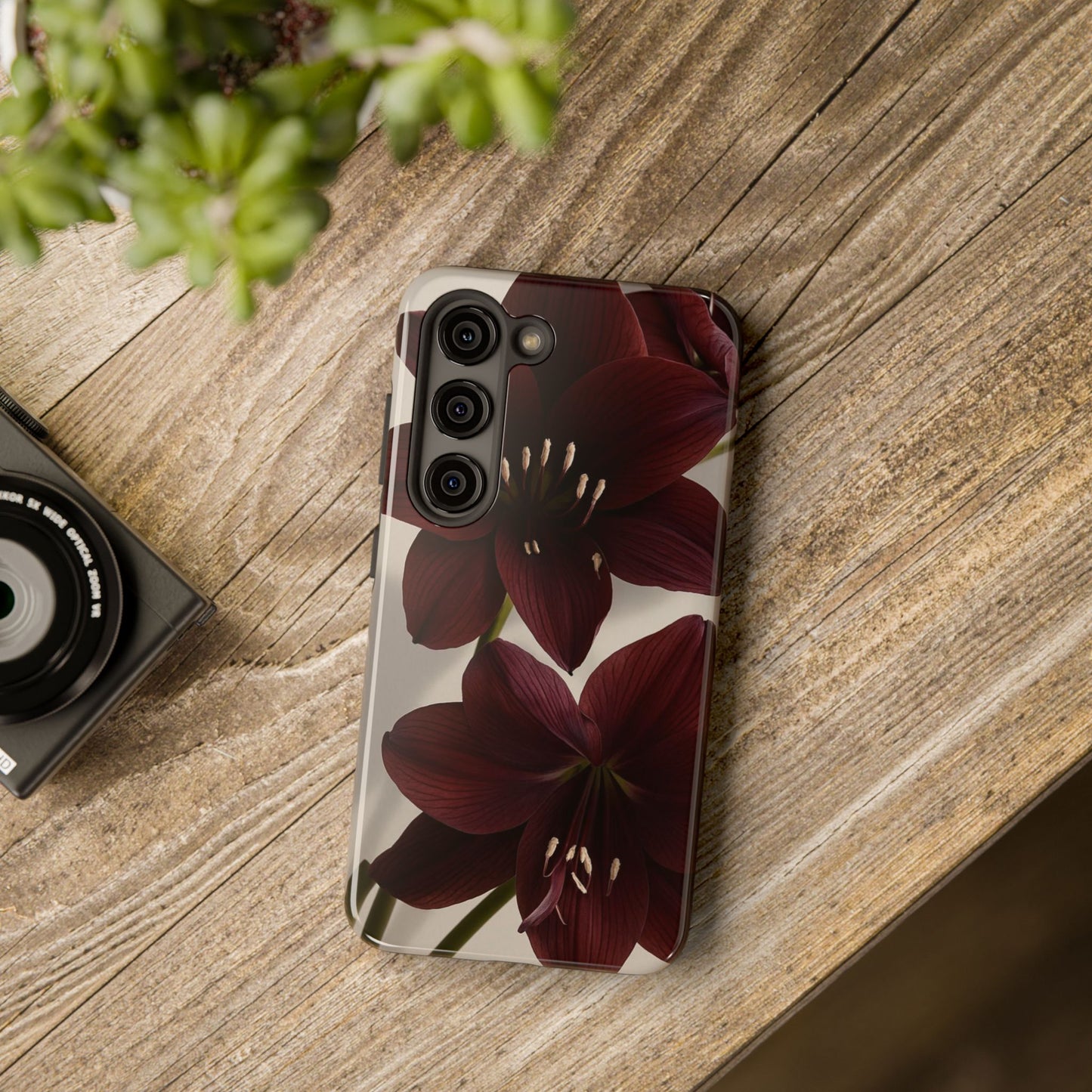 Amaryllis Noir Tough Phone Case — Dark Burgundy Floral Protective Cover