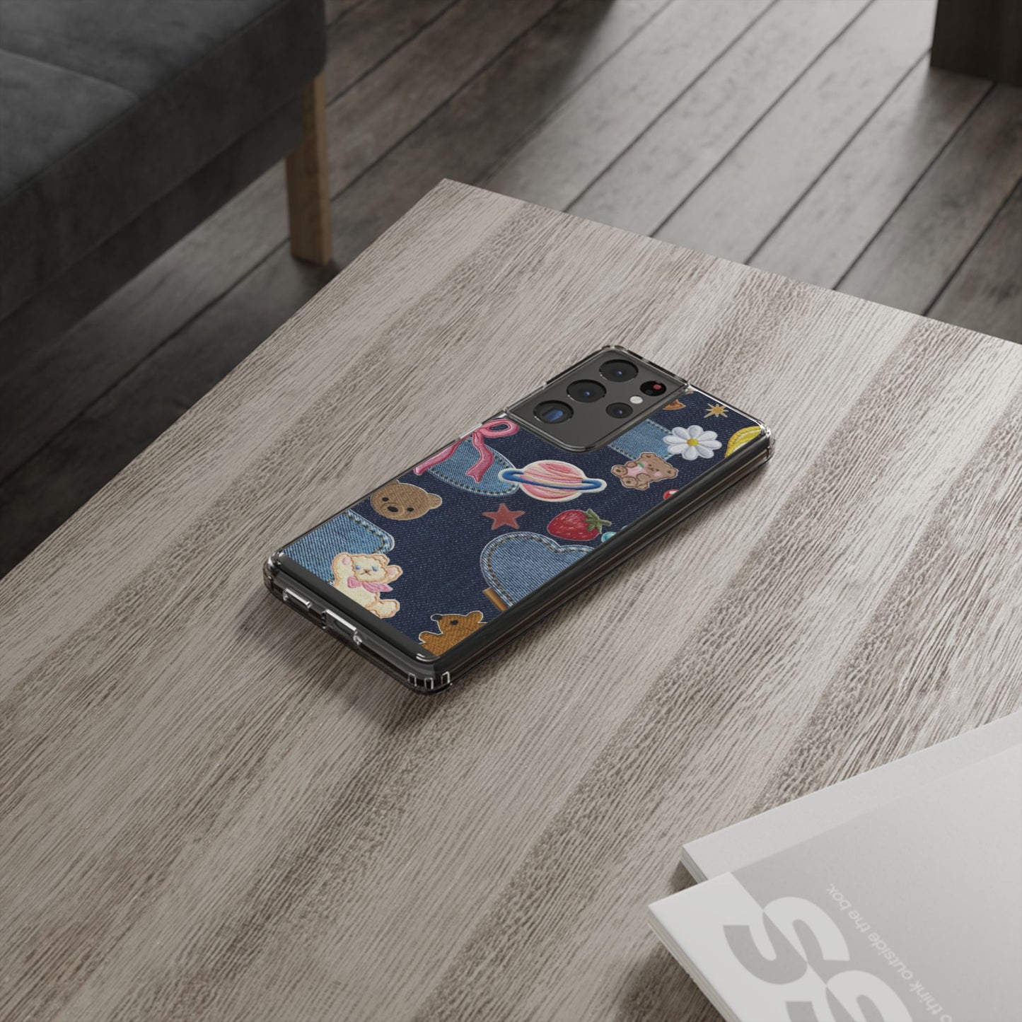 Clear Impact-Resistant Phone Case — Cute Denim Patch Collage (Teddy, Strawberry, Planet)