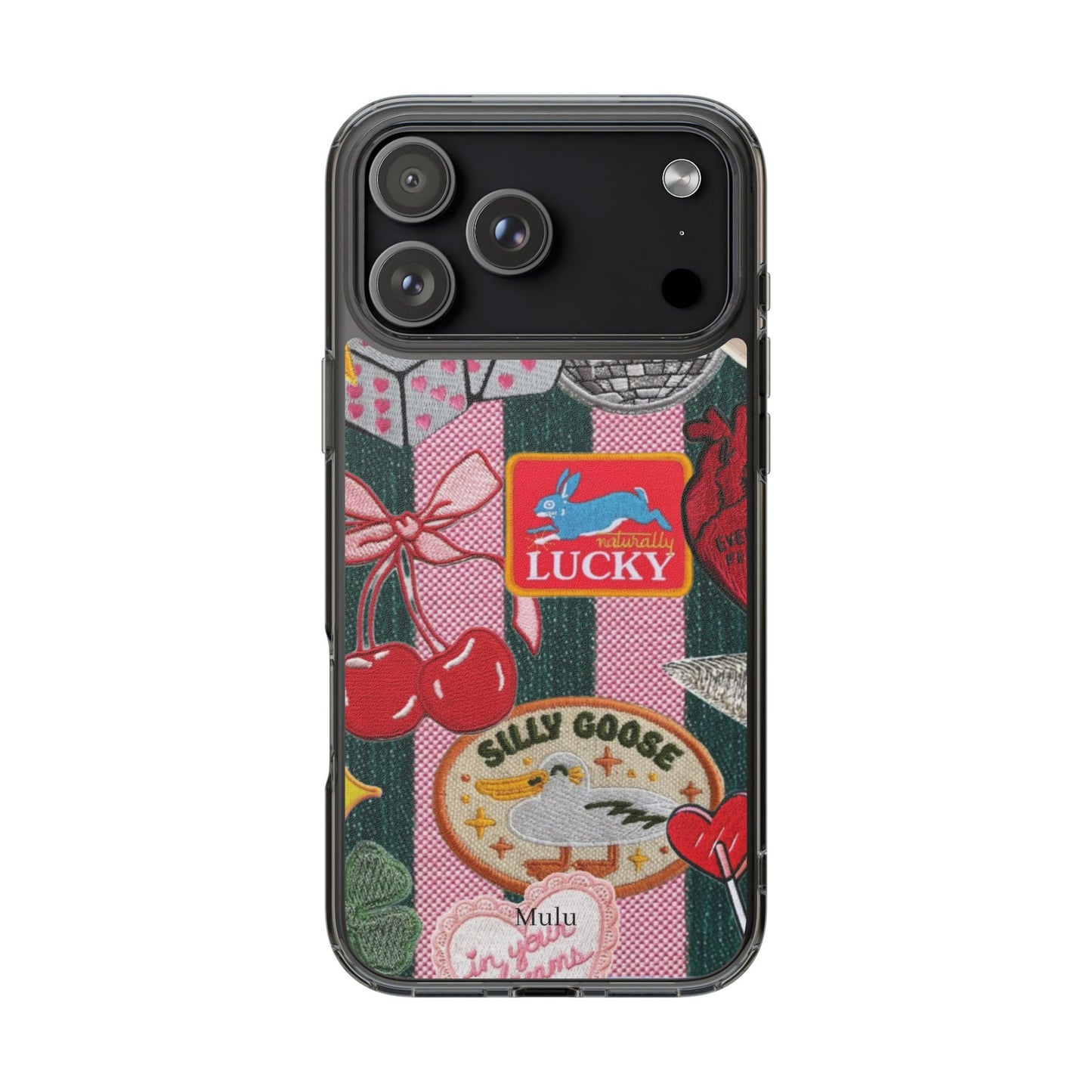 Clear Impact-Resistant Phone Case — Retro Patchwork Stickers (Lucky, Cherries, Silly Goose)