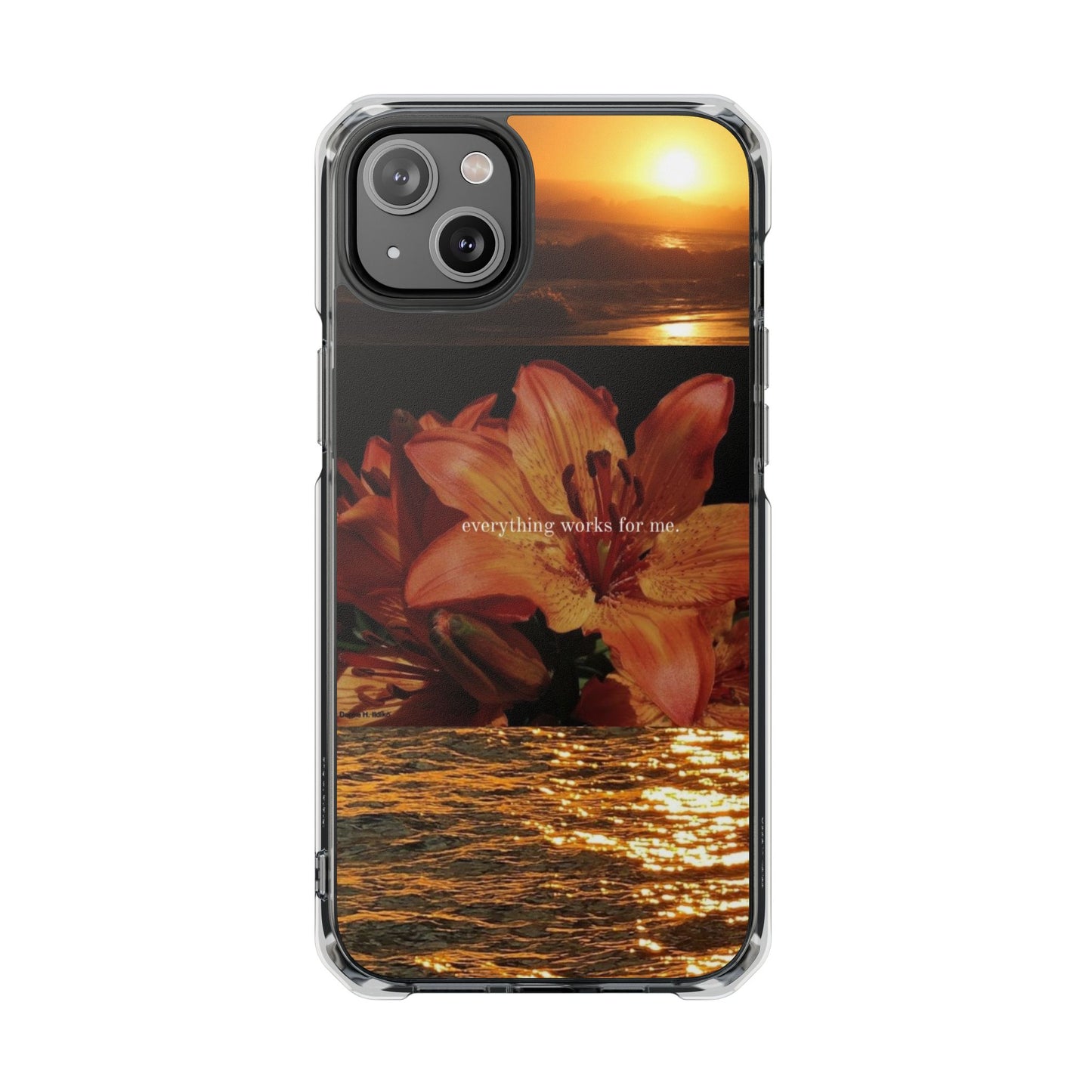 Clear Magnetic Phone Case — Sunset Lily Design ("anything waits for you")