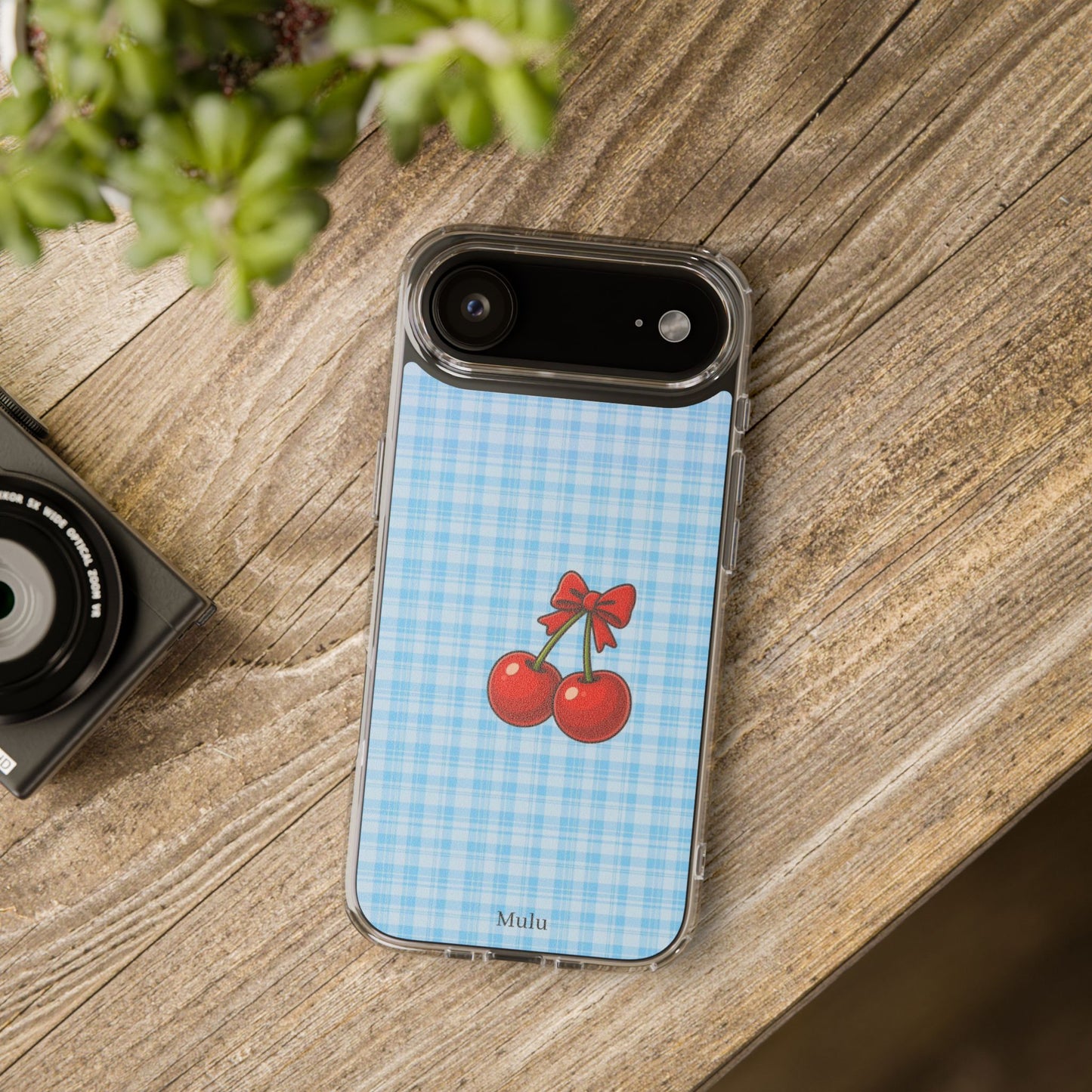 Clear Cherry Gingham Phone Case — Impact-Resistant Clear Case with Red Cherry Design