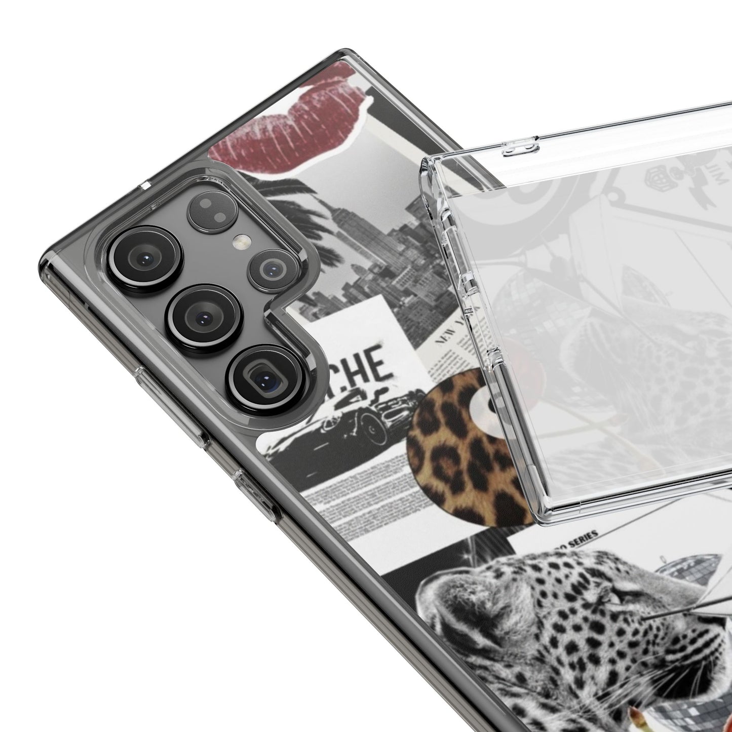 Clear Impact-Resistant Phone Case — Collage Luxury Leopard & Vintage Car Design
