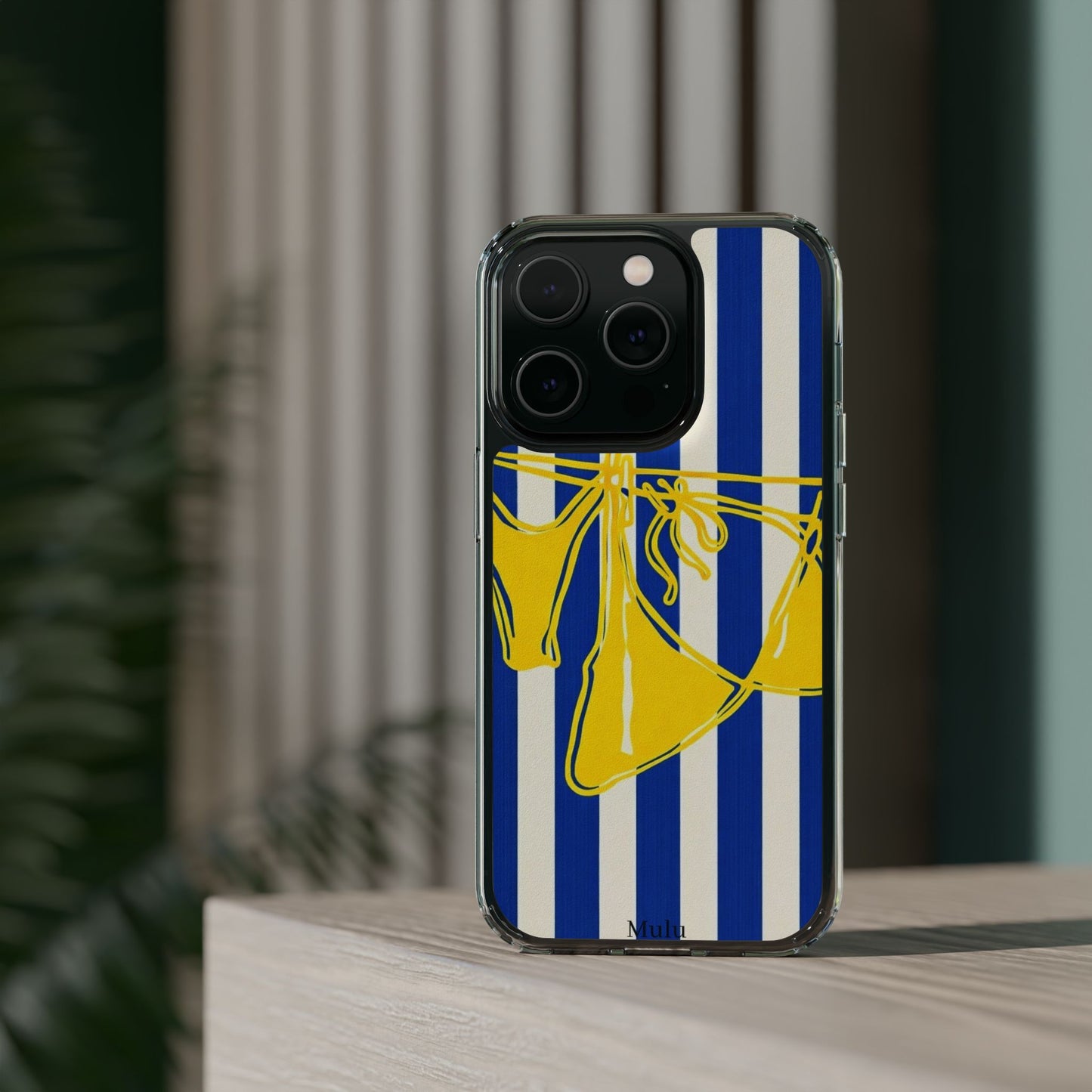 Striped Beach Bikini Phone Case — Yellow Swimwear on Blue & White Stripes, Clear Impact-Resistant