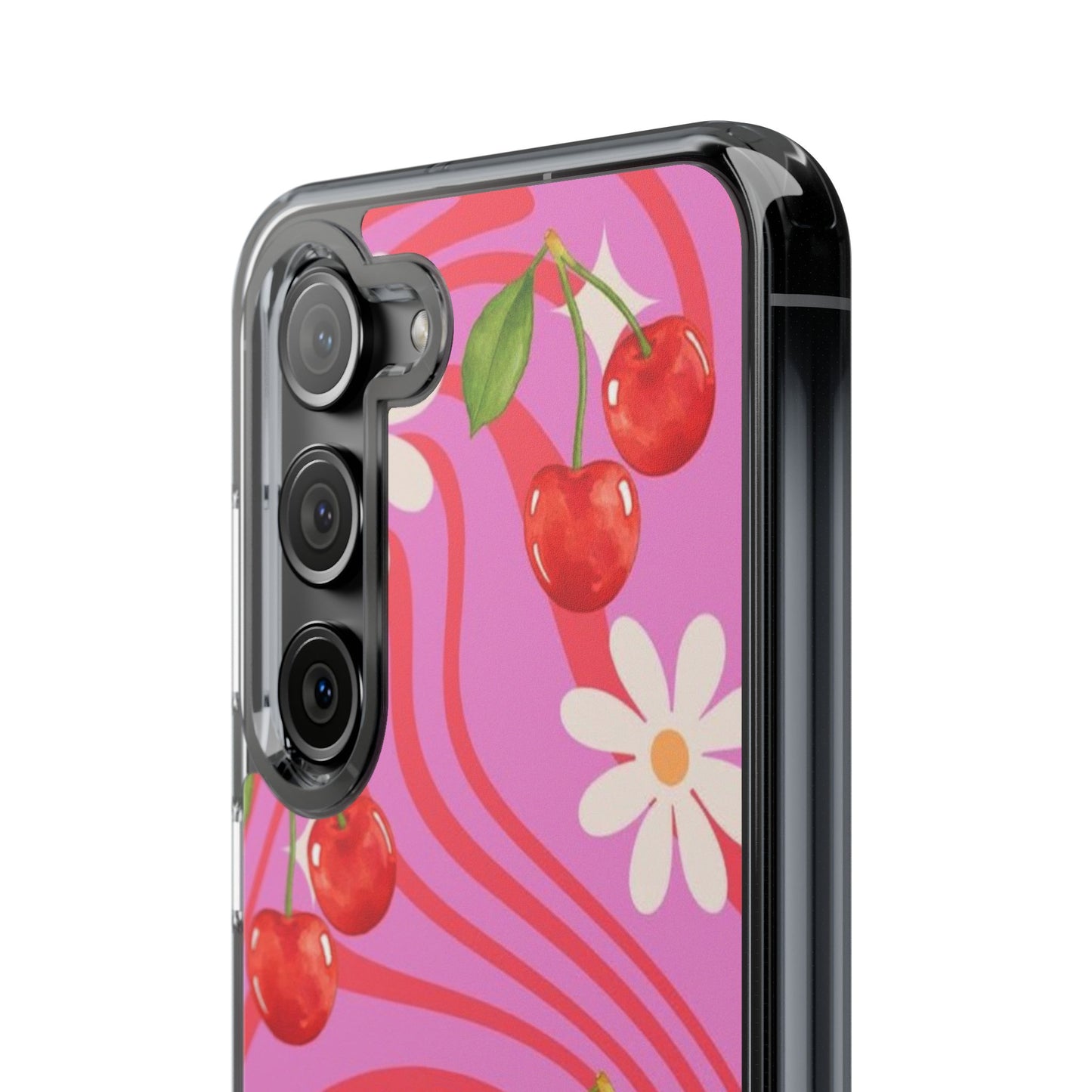 Clear Impact Phone Case — Retro Cherry & Daisy Floral Design