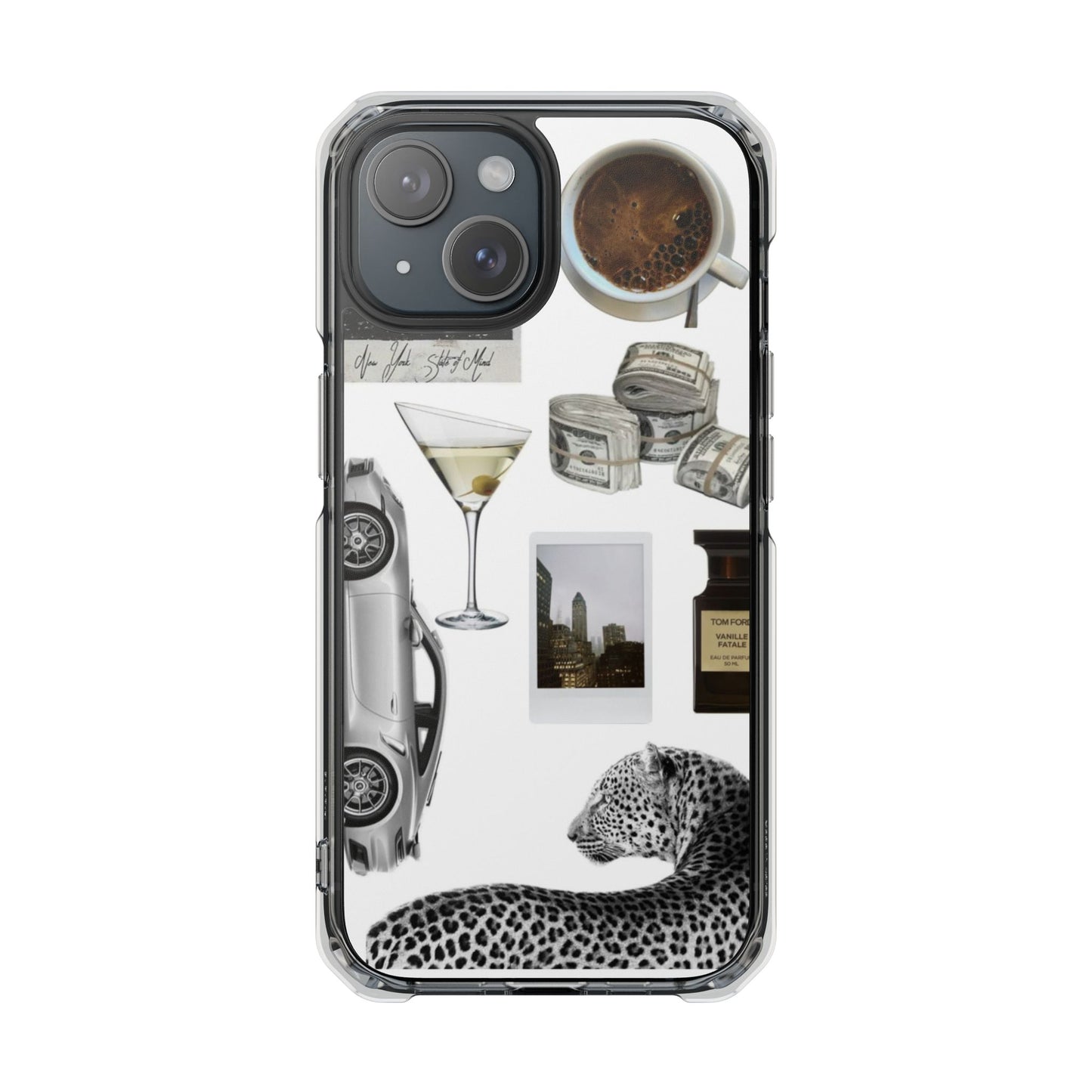 Clear Impact Phone Case — Luxe Collage (Leopard, Martini, Coffee & Vintage Car)