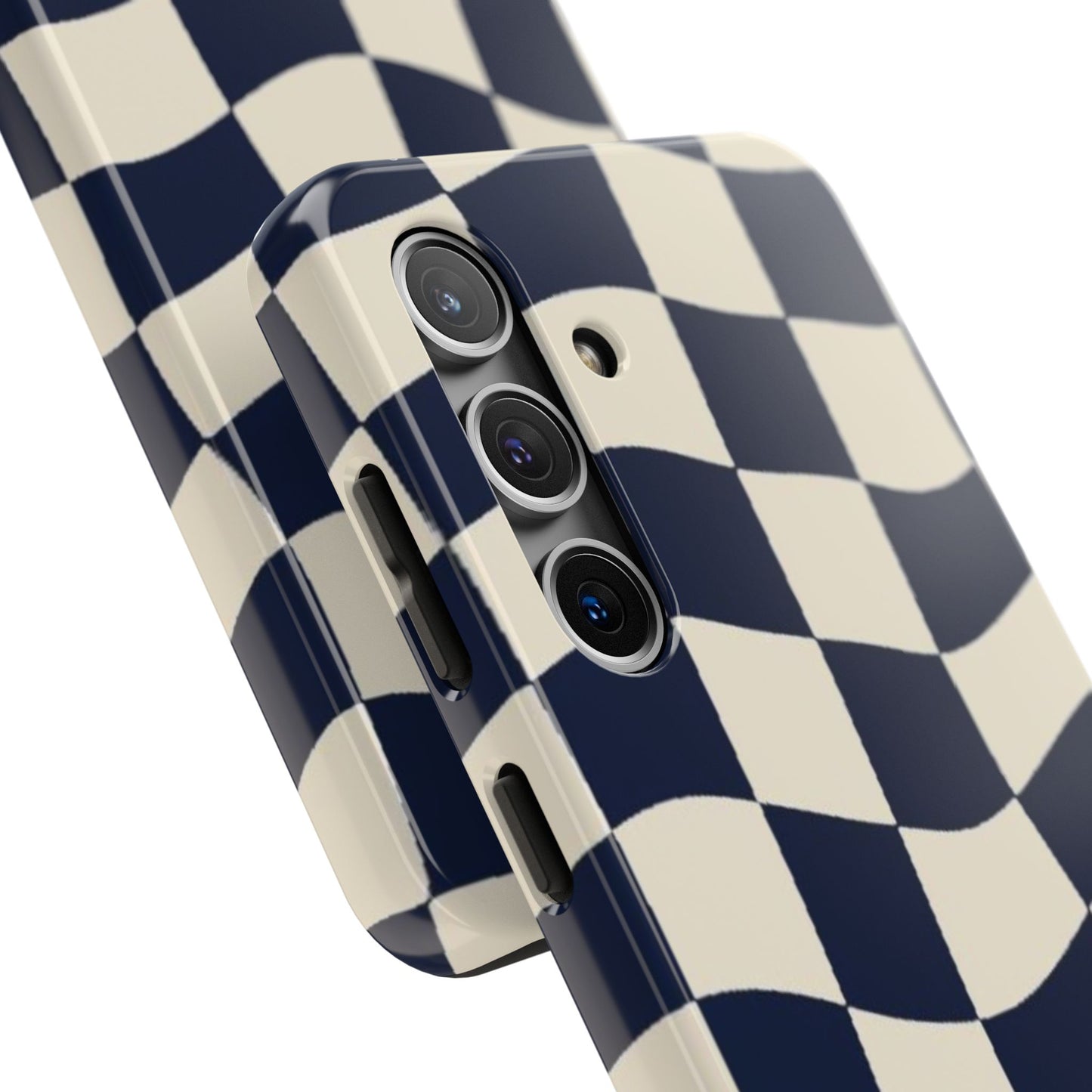 Wavy Checkerboard Tough Phone Case — Navy & Cream Protective Cover