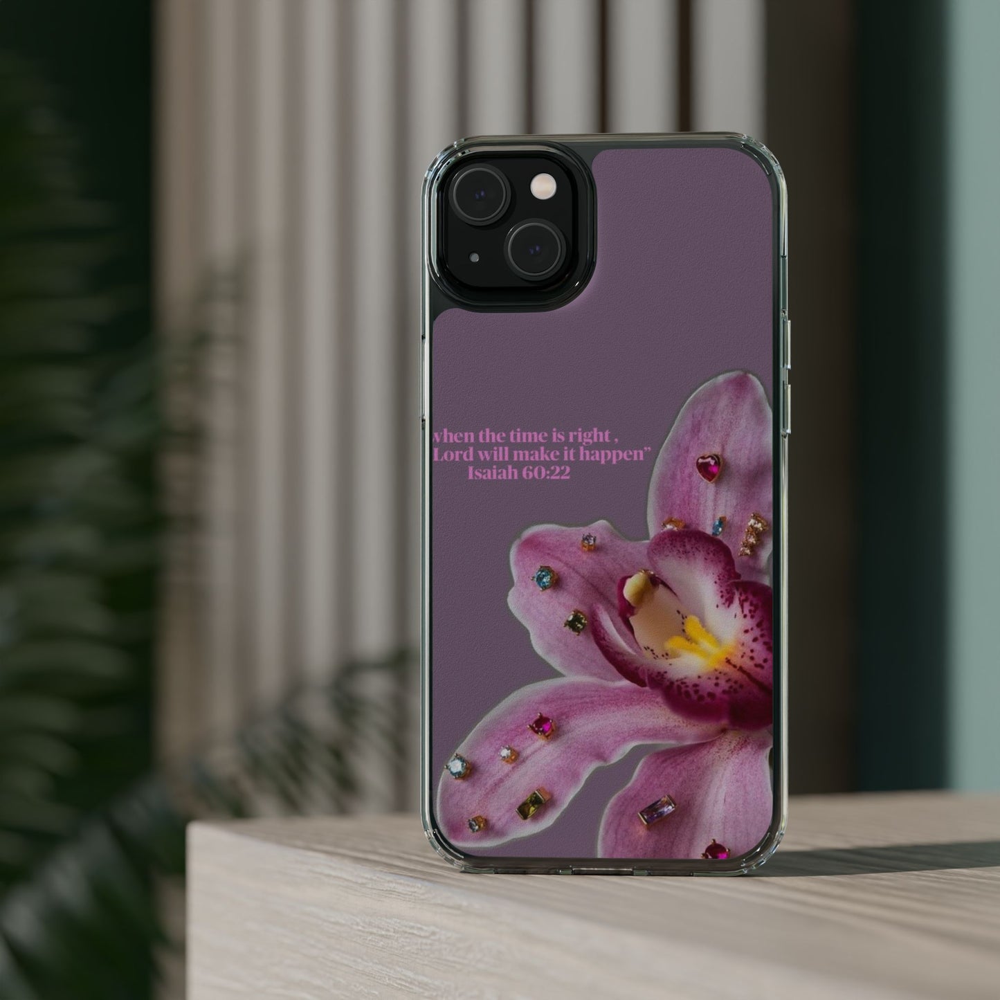 Clear Floral Impact-Resistant Phone Case — "When the time is right" Rose Orchid Design