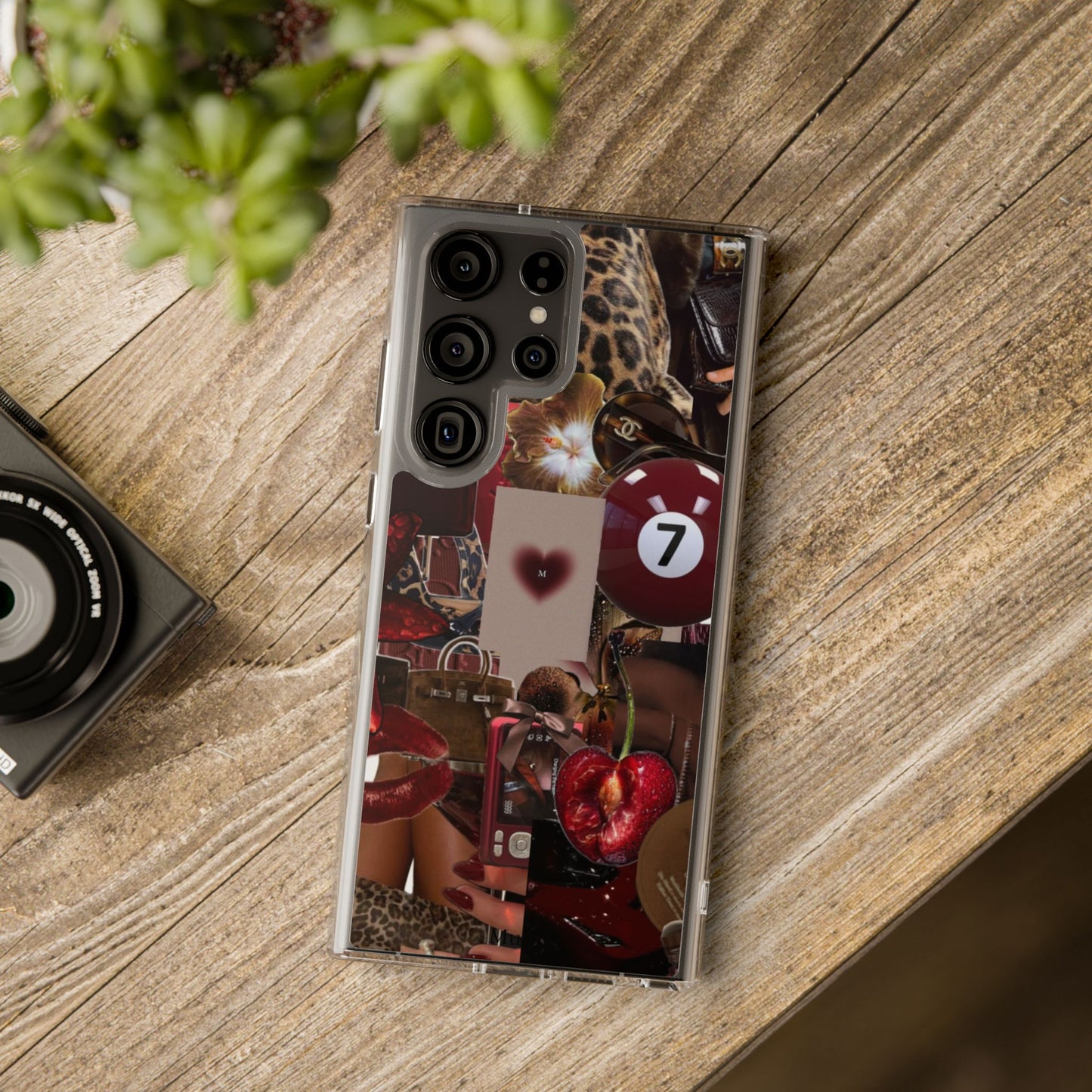 Clear Impact-Resistant Phone Case — Retro Cherry Collage Design