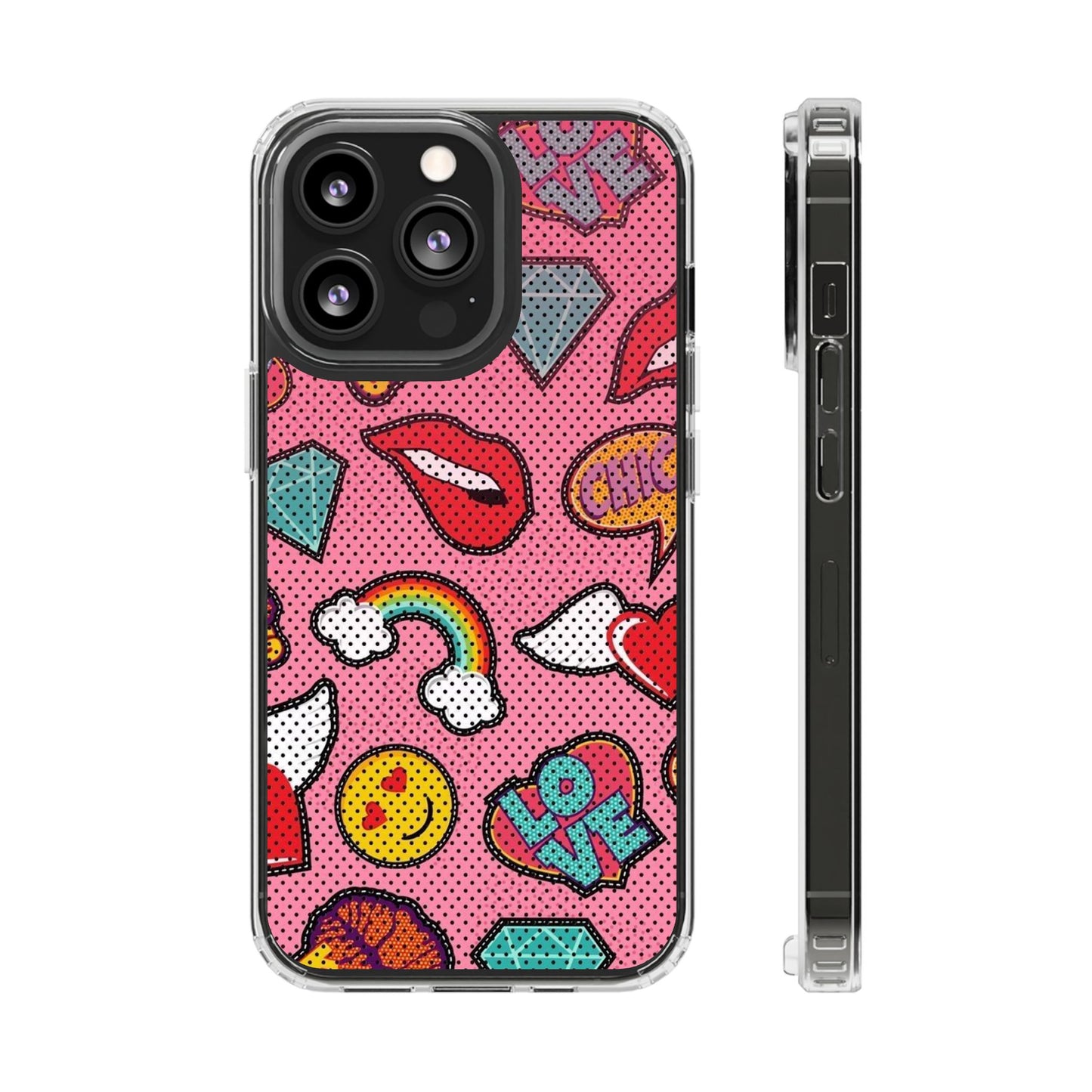 Clear Impact-Resistant Phone Case — Pink Pop Sticker Pattern (Hearts, Rainbows, Smileys)