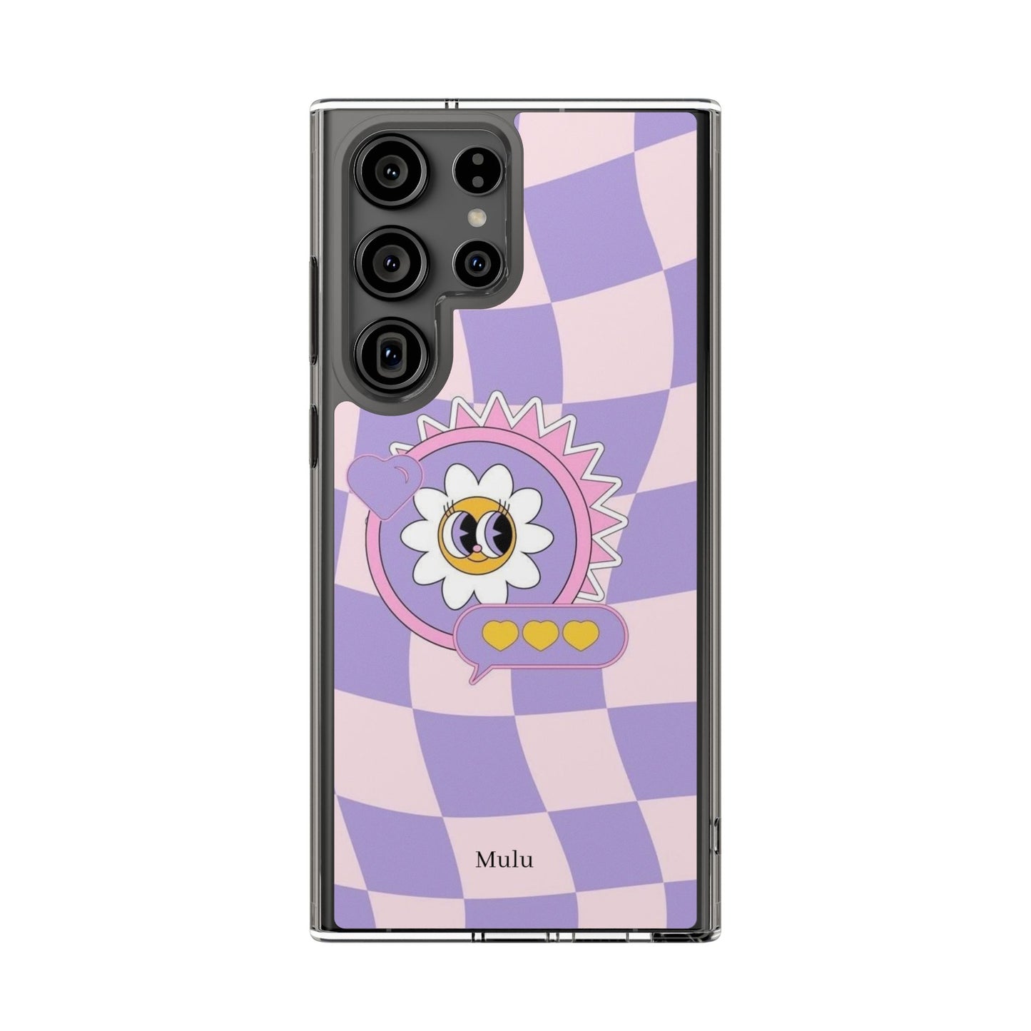 Clear Impact-Resistant Case — Cute Purple Checkerboard Dino with 'Mulu'
