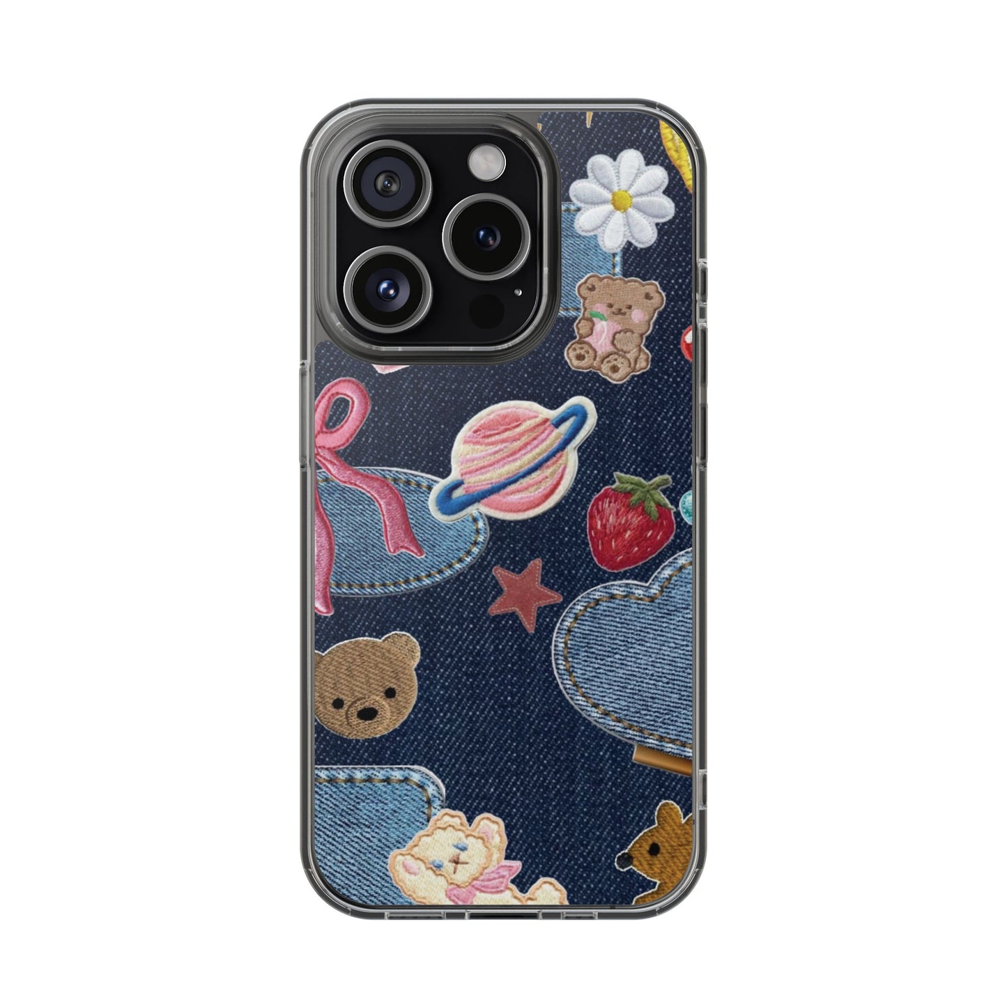 Clear Impact-Resistant Phone Case — Cute Denim Patch Collage (Teddy, Strawberry, Planet)