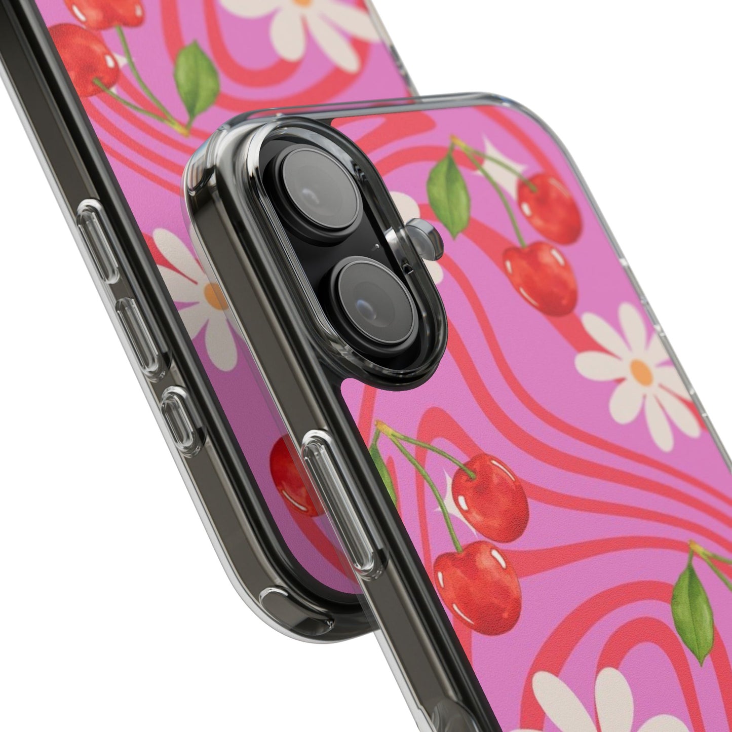 Clear Impact Phone Case — Retro Cherry & Daisy Floral Design