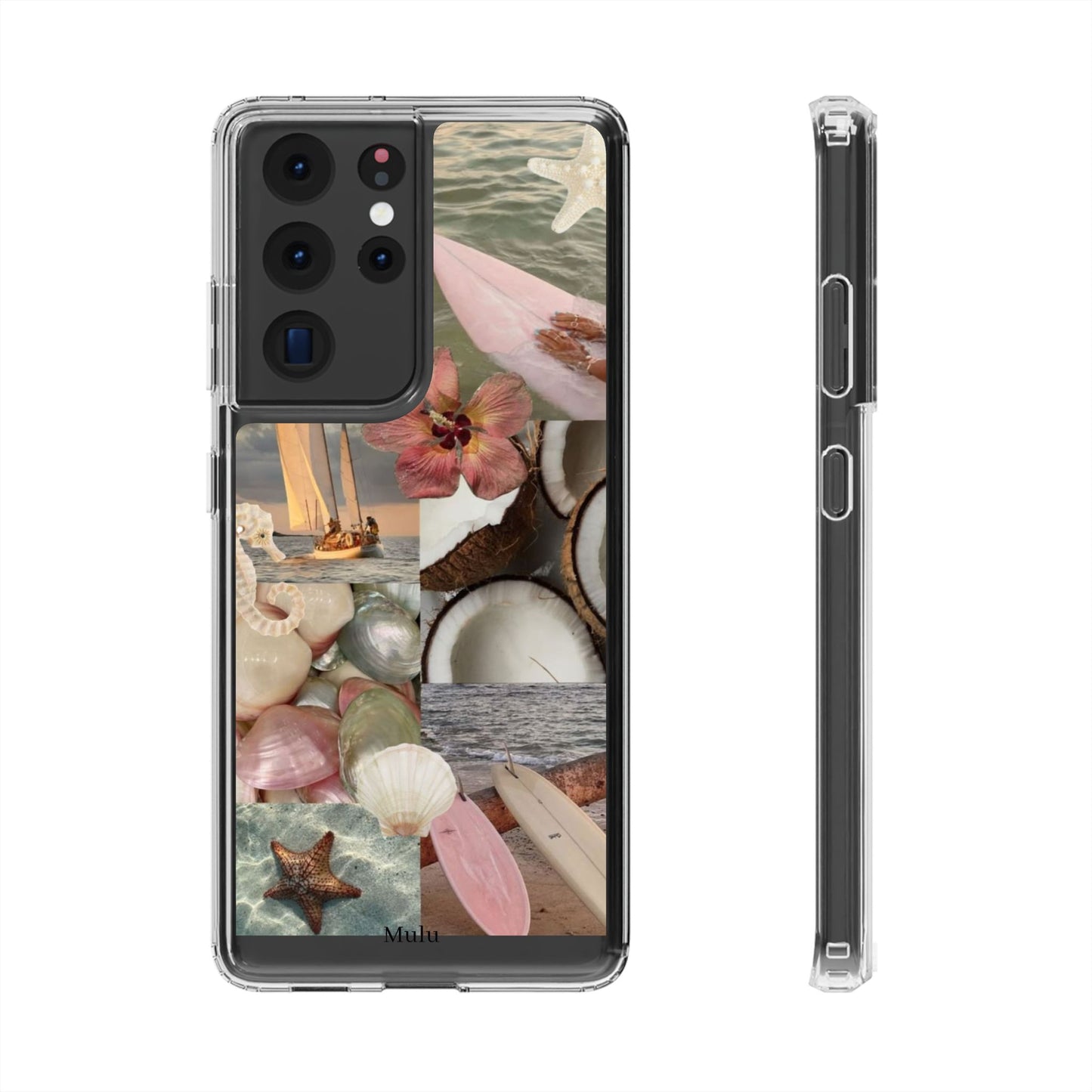 Clear Phone Case — Coastal Collage Shells & Surf Design