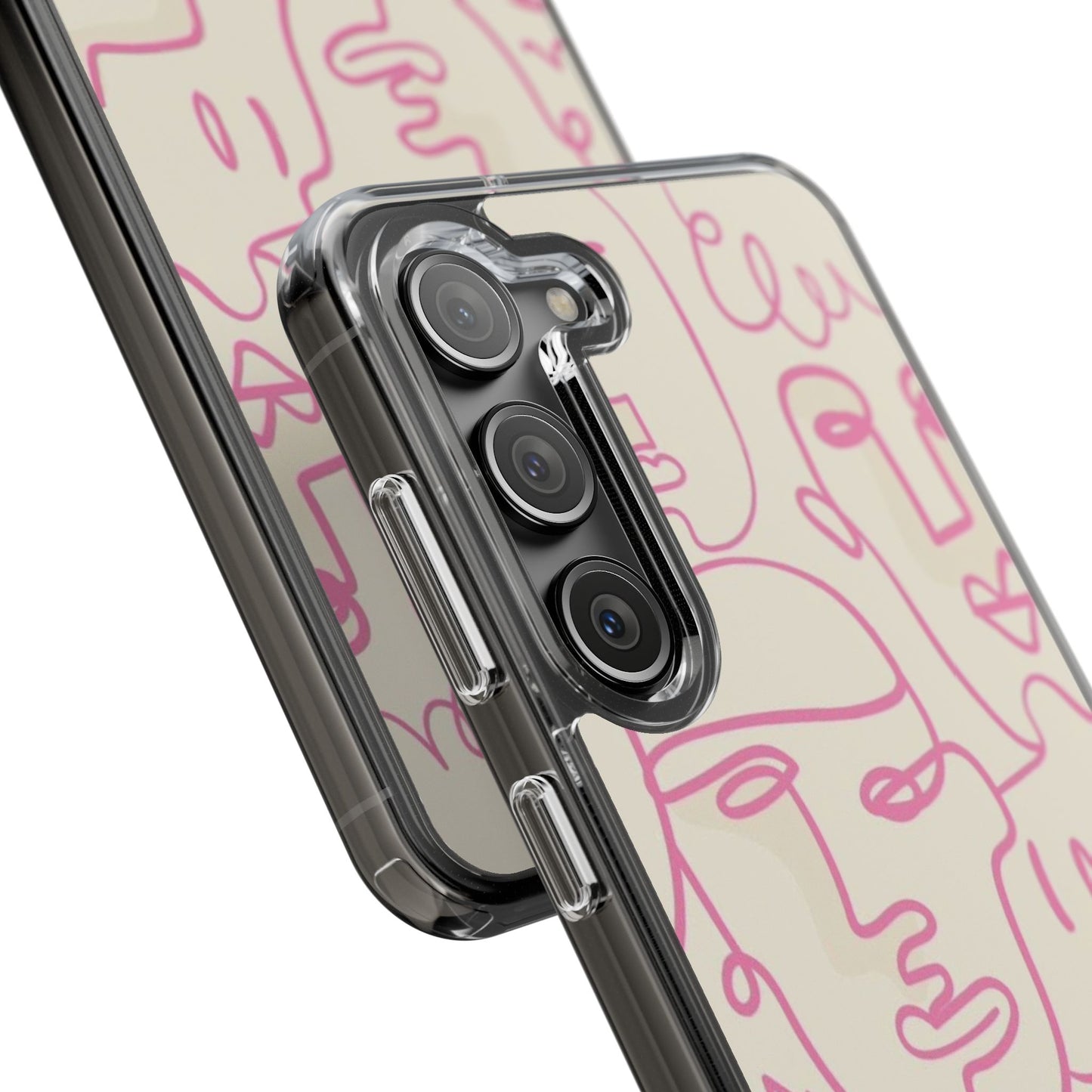 Clear Impact-Resistant Phone Case — Pink Minimalist Line Faces Design