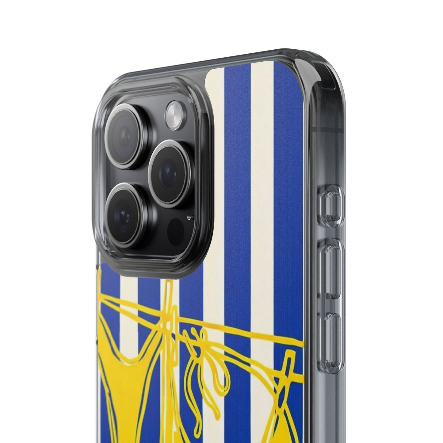 Striped Beach Bikini Phone Case — Yellow Swimwear on Blue & White Stripes, Clear Impact-Resistant