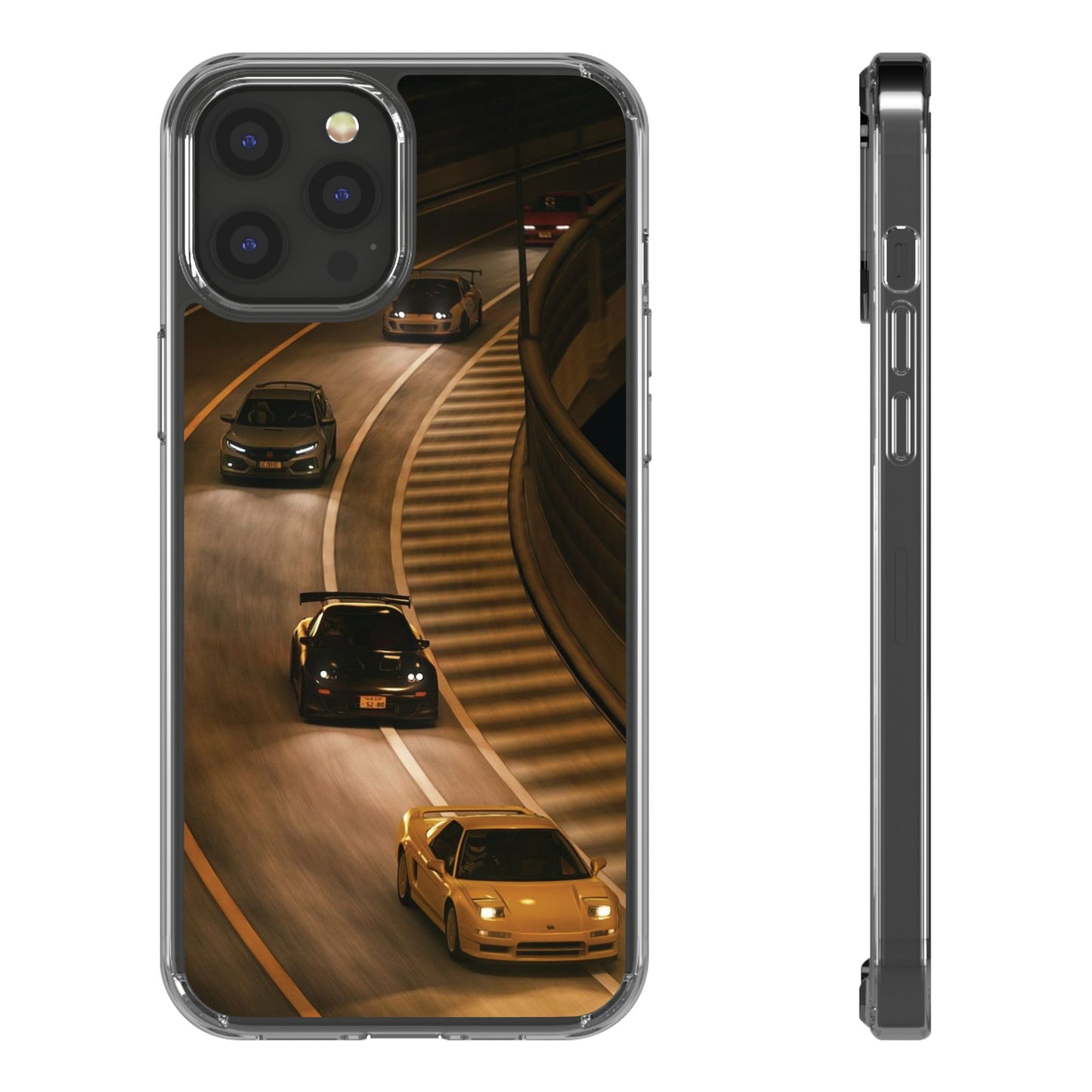 Racing Night Clear Phone Case – Sports Cars on Curved Highway