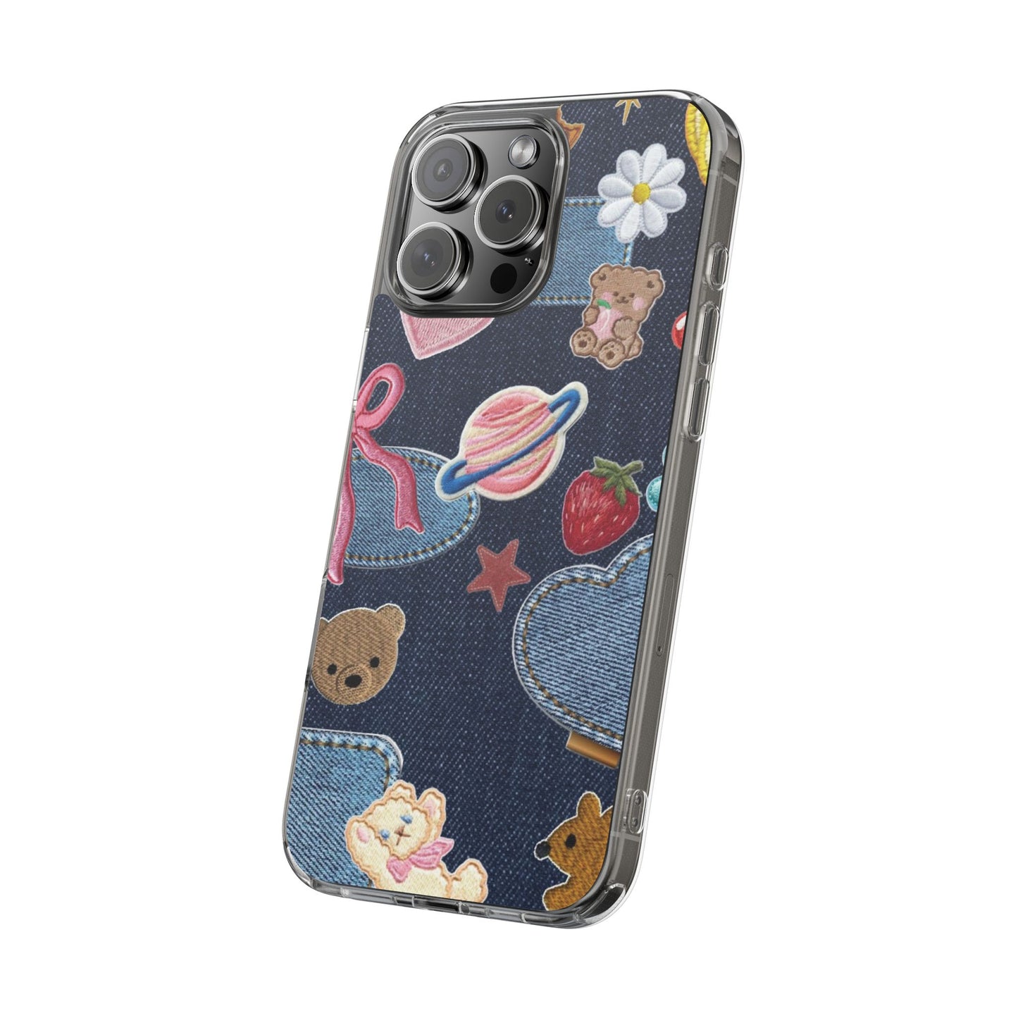 Clear Impact-Resistant Phone Case — Cute Denim Patch Collage (Teddy, Strawberry, Planet)