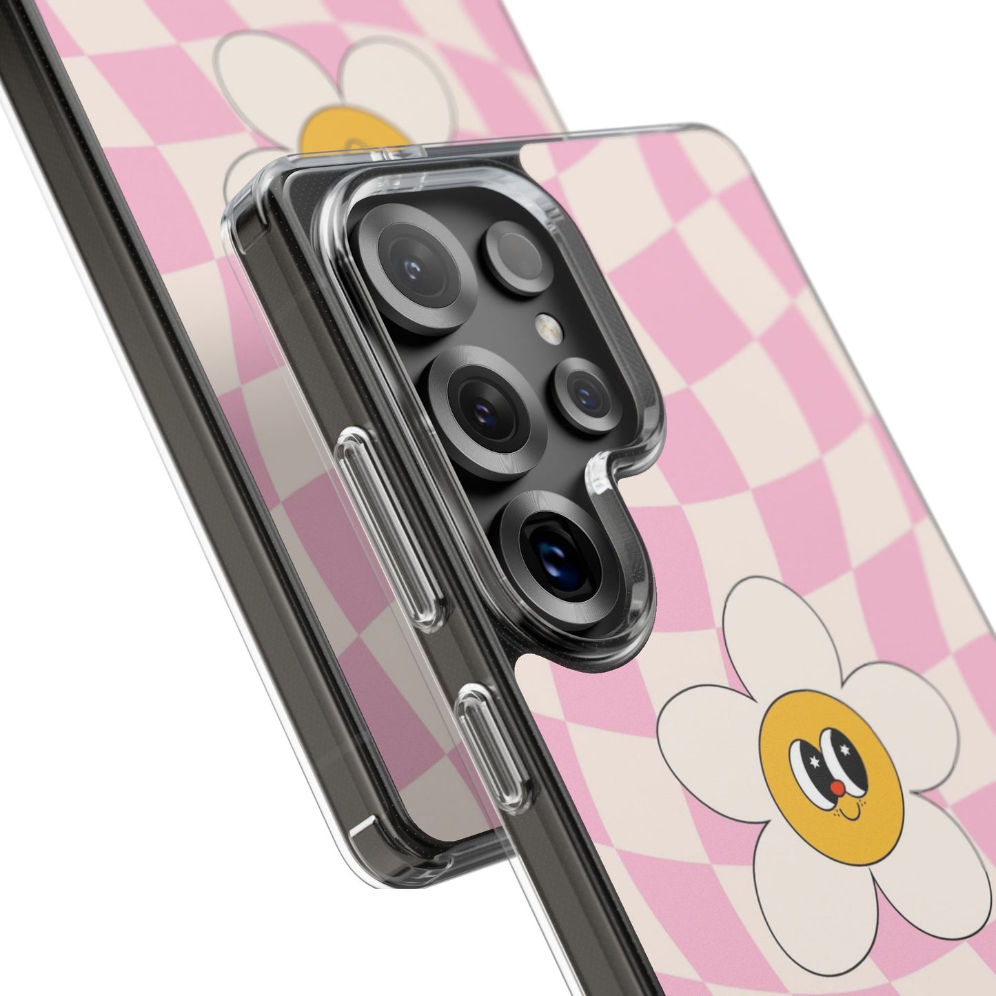 Clear Impact-Resistant Phone Case — Pink Checkerboard Daisy Design