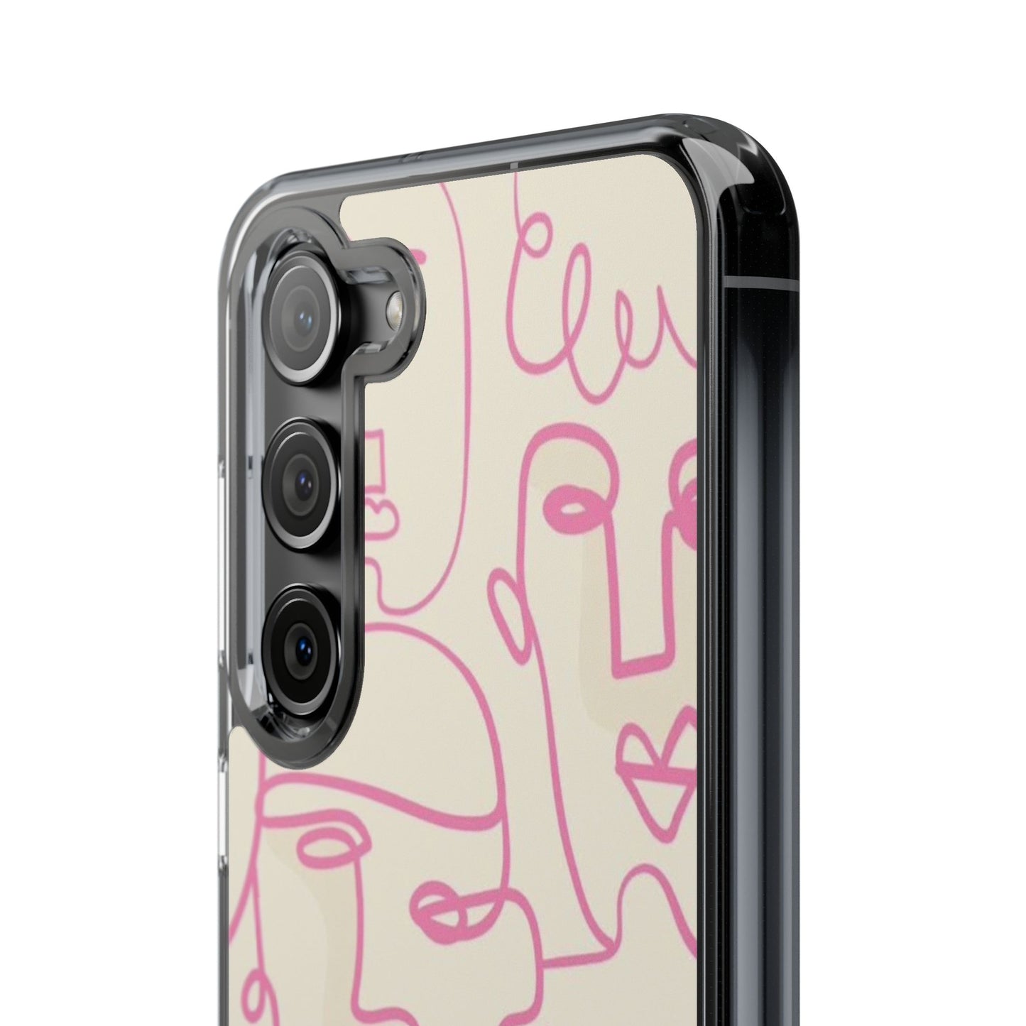 Clear Impact-Resistant Phone Case — Pink Minimalist Line Faces Design