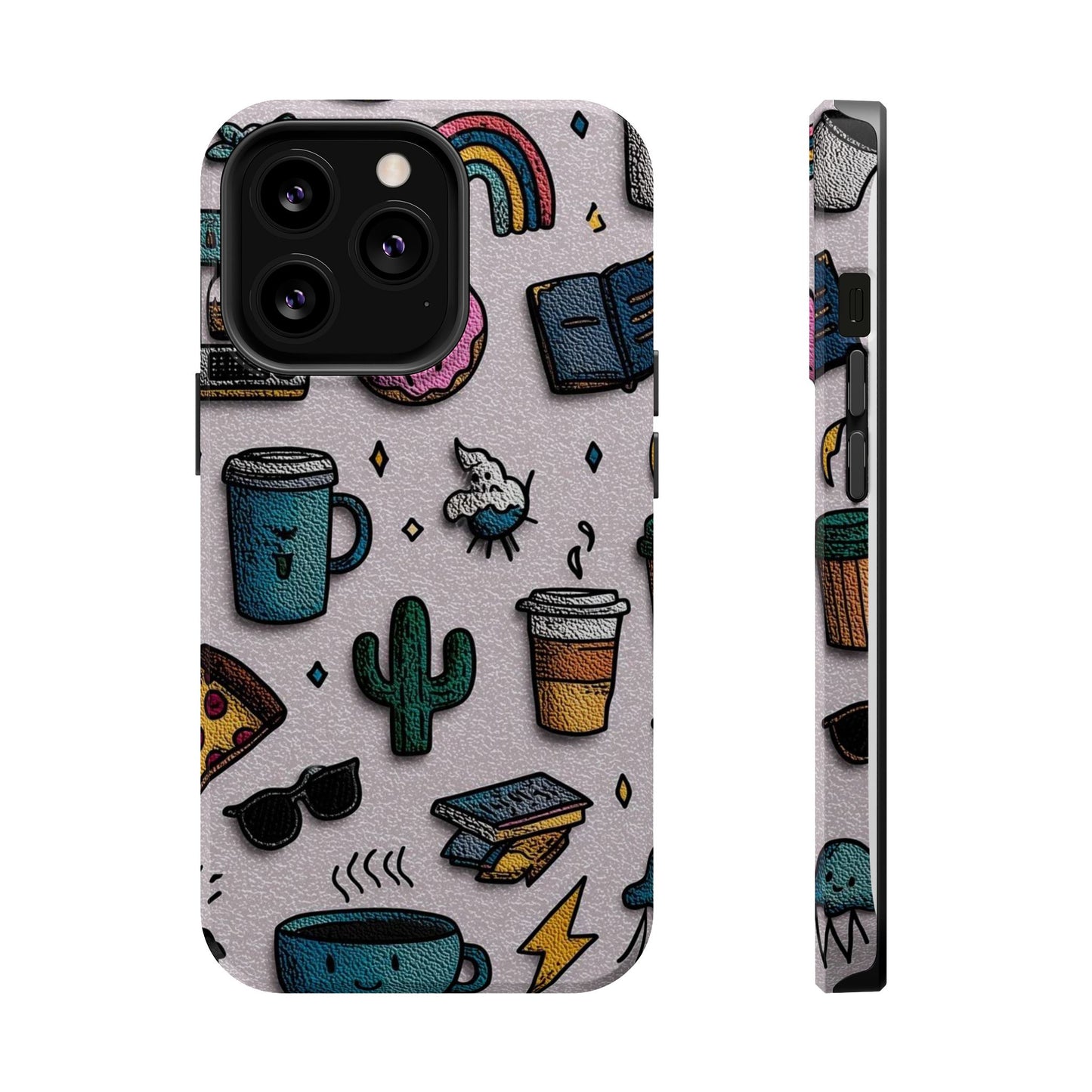 Cute Doodle Phone Case — Magnetic Impact-Resistant Design (coffee, rainbow, cactus)