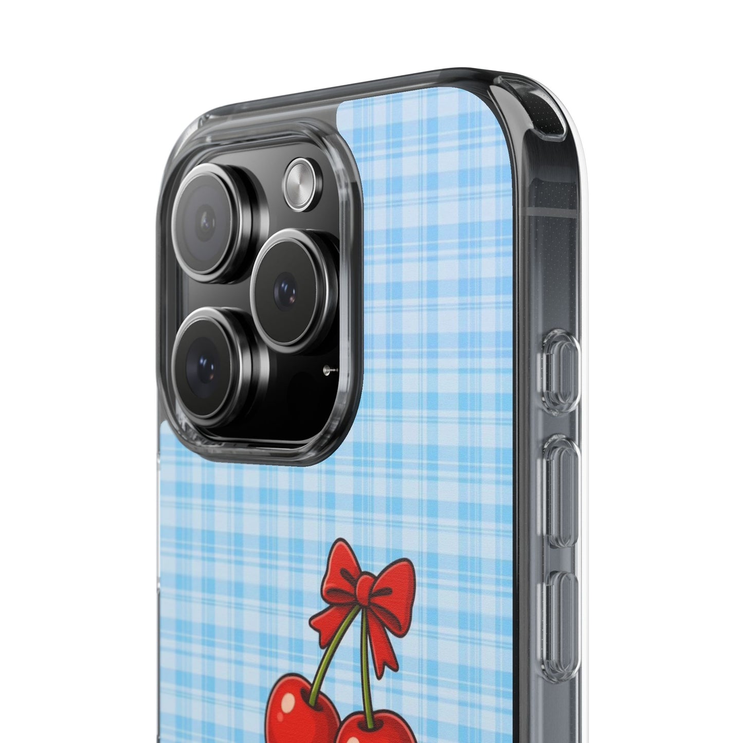 Clear Cherry Gingham Phone Case — Impact-Resistant Clear Case with Red Cherry Design