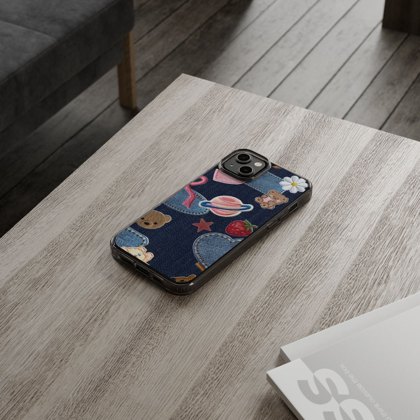 Clear Impact-Resistant Phone Case — Cute Denim Patch Collage (Teddy, Strawberry, Planet)