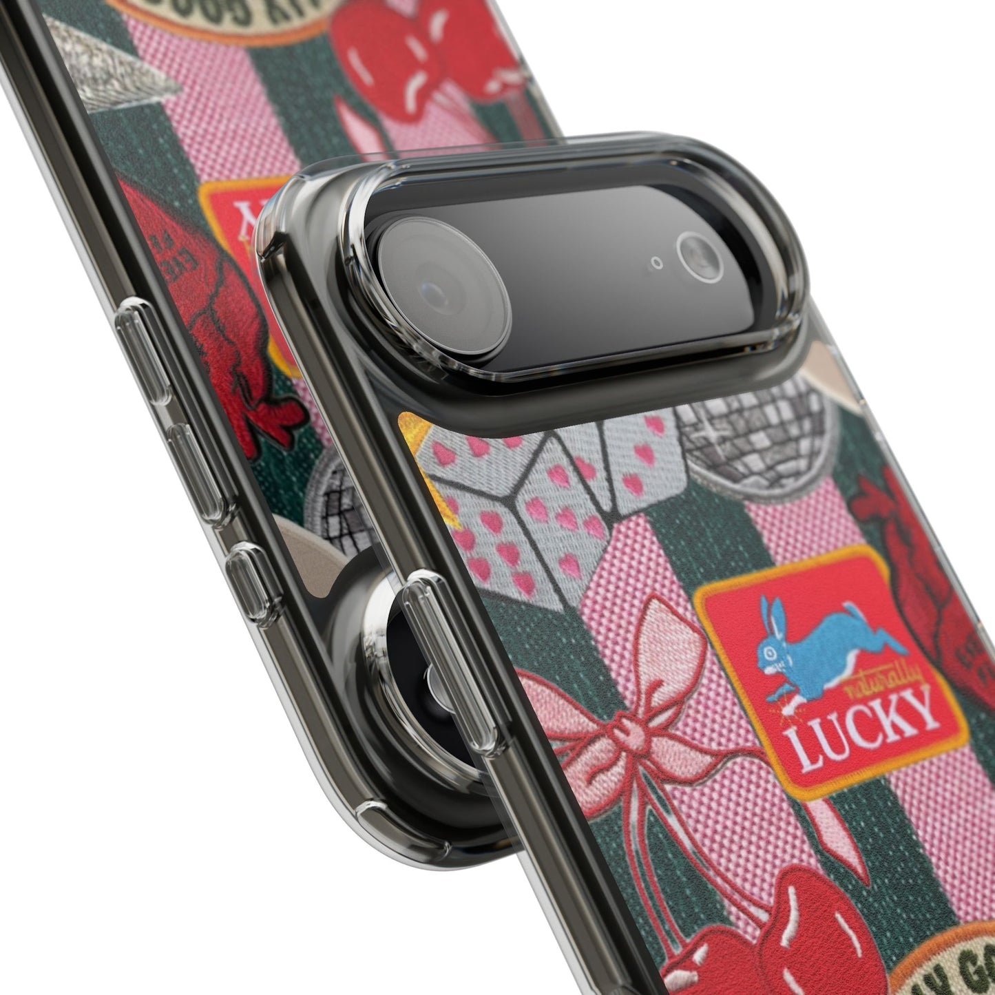 Clear Impact-Resistant Phone Case — Retro Patchwork Stickers (Lucky, Cherries, Silly Goose)