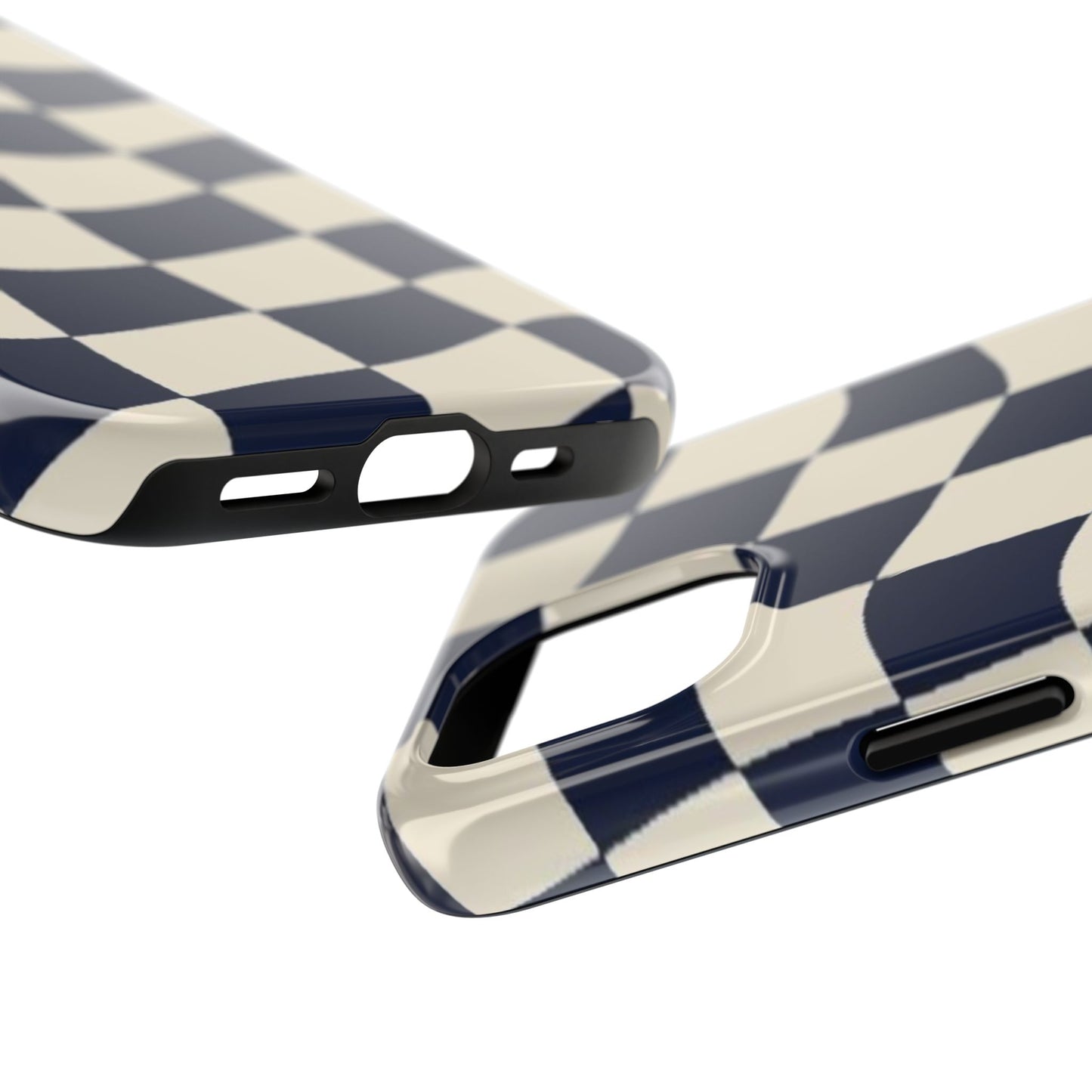 Wavy Checkerboard Tough Phone Case — Navy & Cream Protective Cover