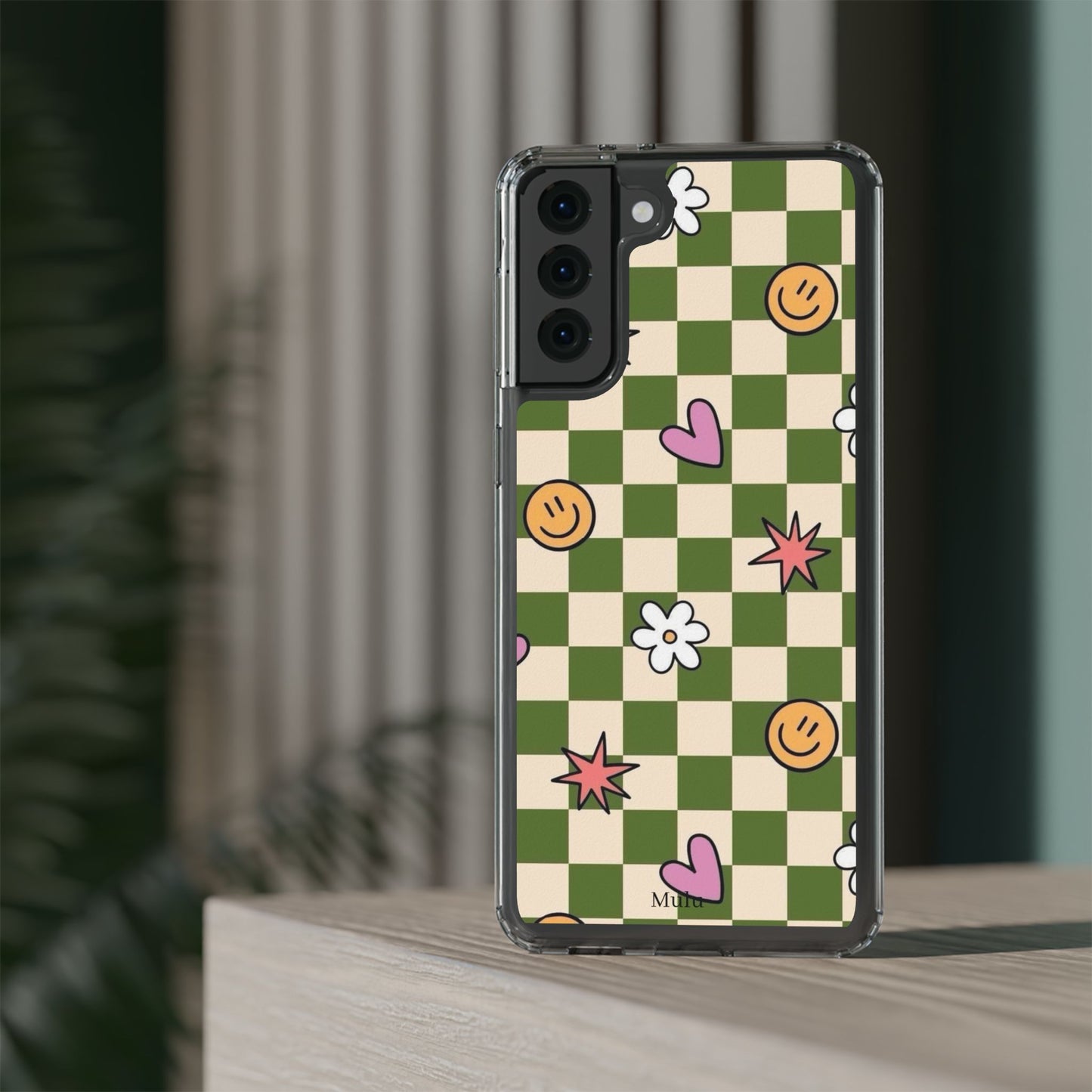 Clear Impact-Resistant Case — Retro Green Checkerboard with Smiley, Hearts & Flowers