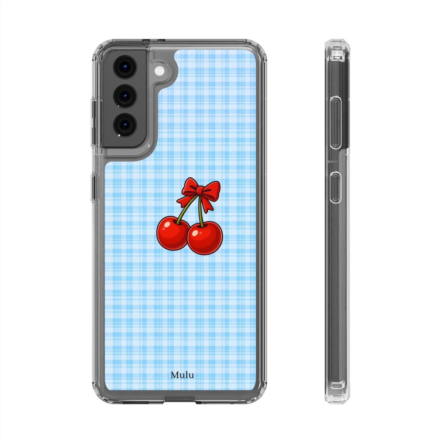 Clear Cherry Gingham Phone Case — Impact-Resistant Clear Case with Red Cherry Design