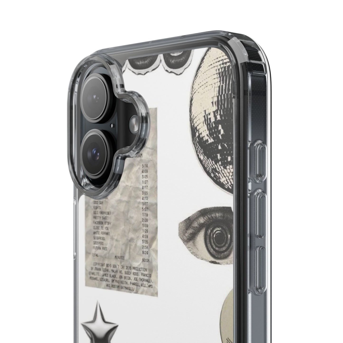 Clear Phone Case — Vintage Collage Stickers (Moon, Eye, Car, Cherries)