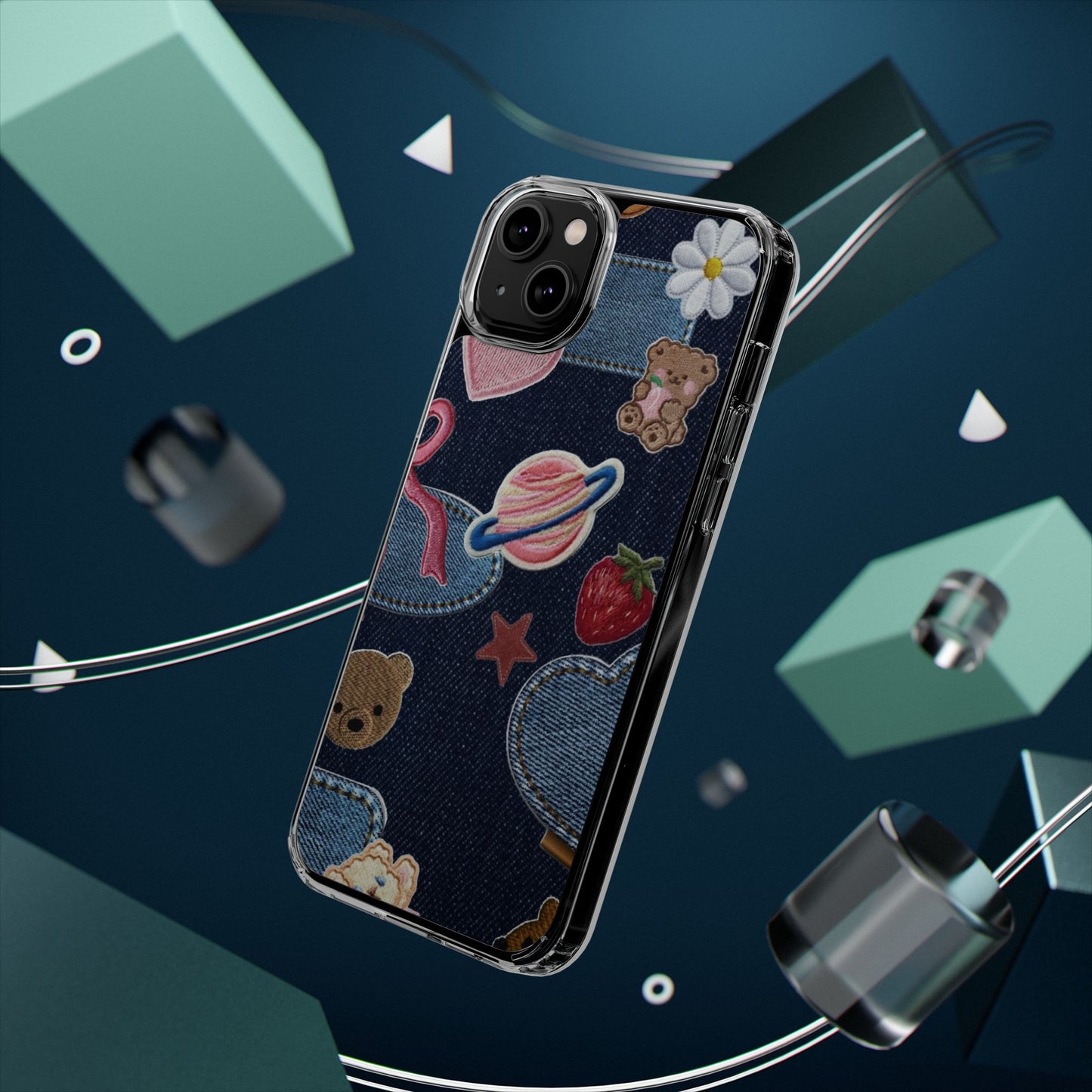 Clear Impact-Resistant Phone Case — Cute Denim Patch Collage (Teddy, Strawberry, Planet)