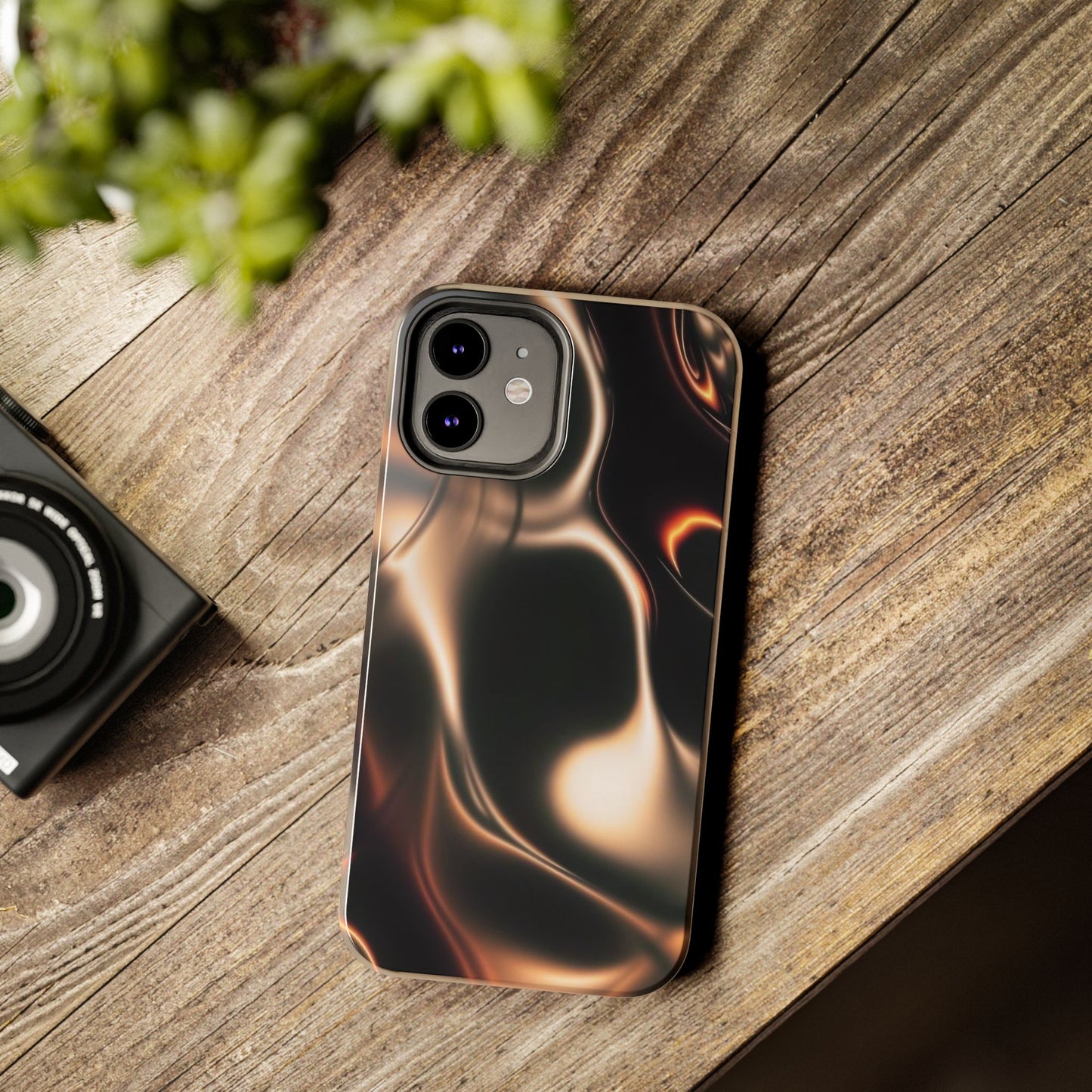 Abstract Liquid Glow Tough Phone Case — Black & Bronze Swirl Protective Cover
