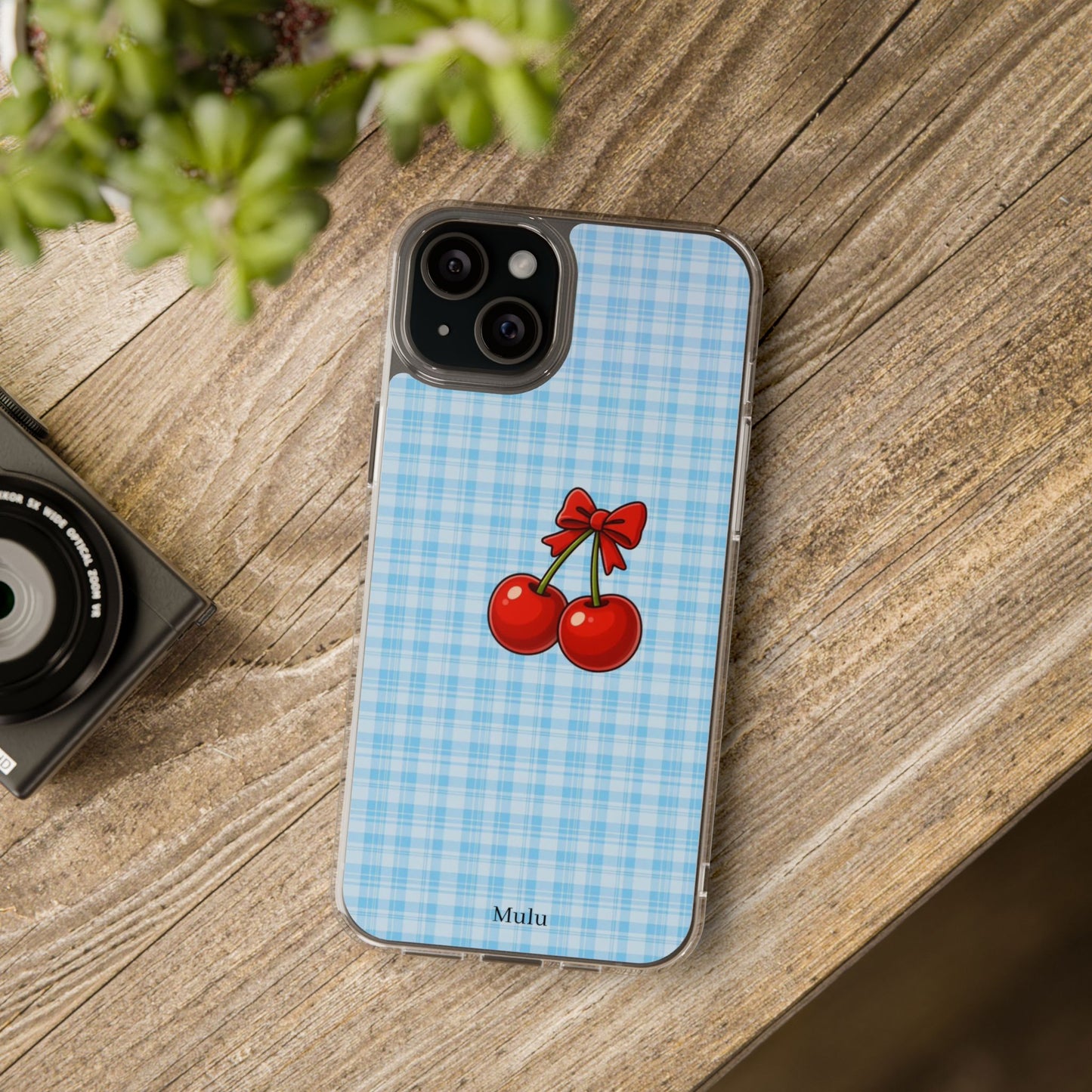 Clear Cherry Gingham Phone Case — Impact-Resistant Clear Case with Red Cherry Design
