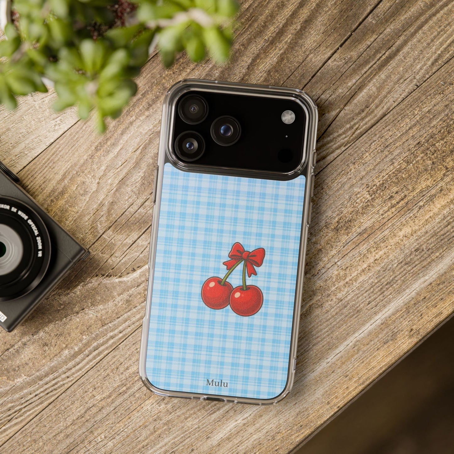 Clear Cherry Gingham Phone Case — Impact-Resistant Clear Case with Red Cherry Design