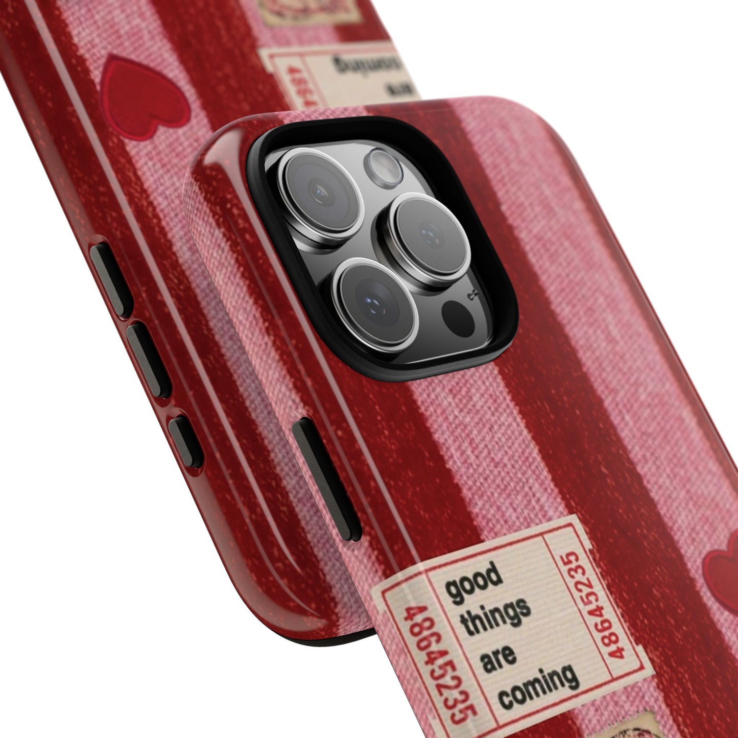 Phone Case — Red Striped Heart Design with “Good Things Are Coming”