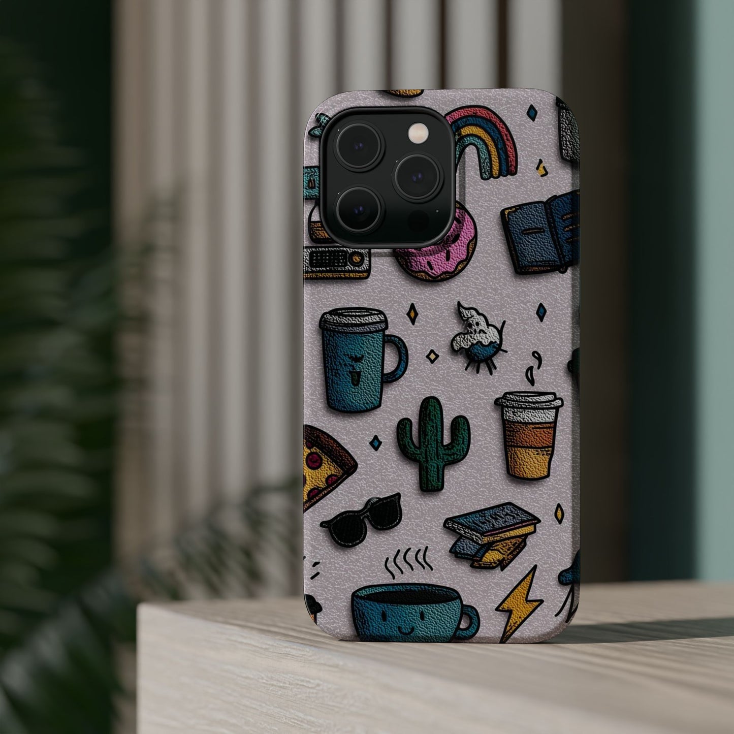 Cute Doodle Phone Case — Magnetic Impact-Resistant Design (coffee, rainbow, cactus)