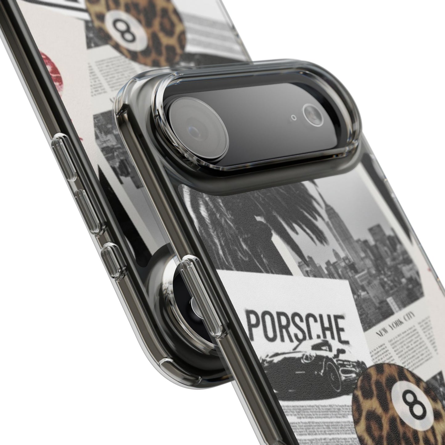 Clear Impact-Resistant Phone Case — Collage Luxury Leopard & Vintage Car Design