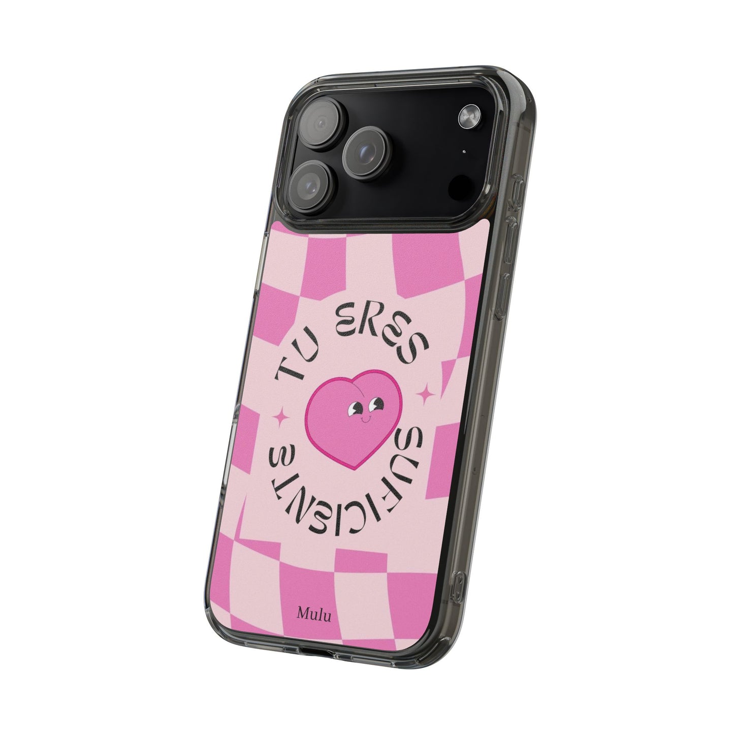 Clear Impact-Resistant Phone Case — Pink Checkerheart “Tu Eres Suficiente” Design