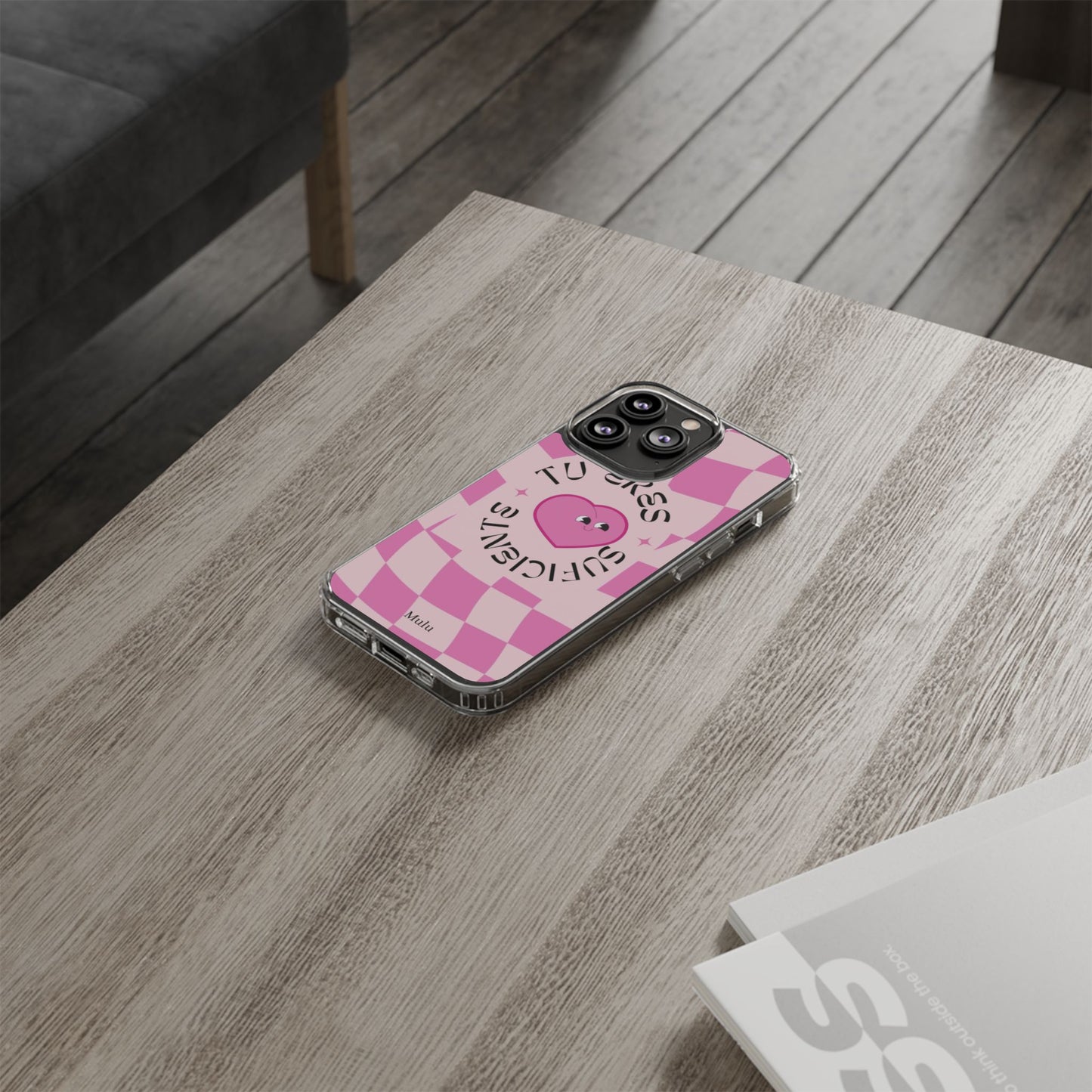 Clear Impact-Resistant Phone Case — Pink Checkerheart “Tu Eres Suficiente” Design