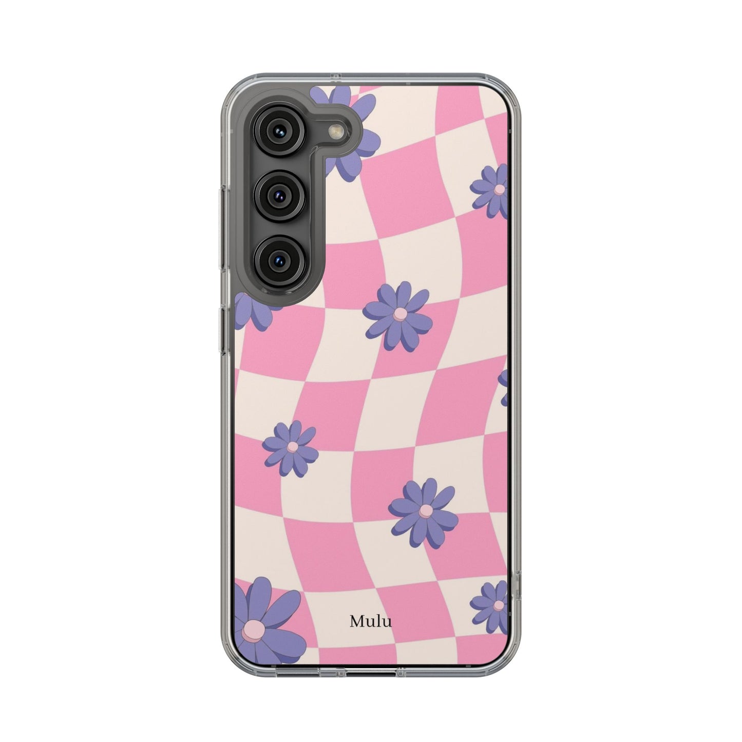 Clear Impact Phone Case — Pink Checkerboard with Purple Flowers