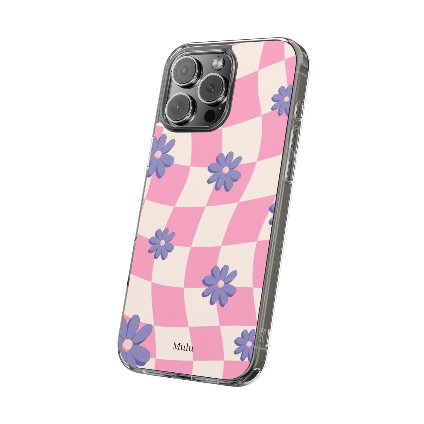 Clear Impact Phone Case — Pink Checkerboard with Purple Flowers