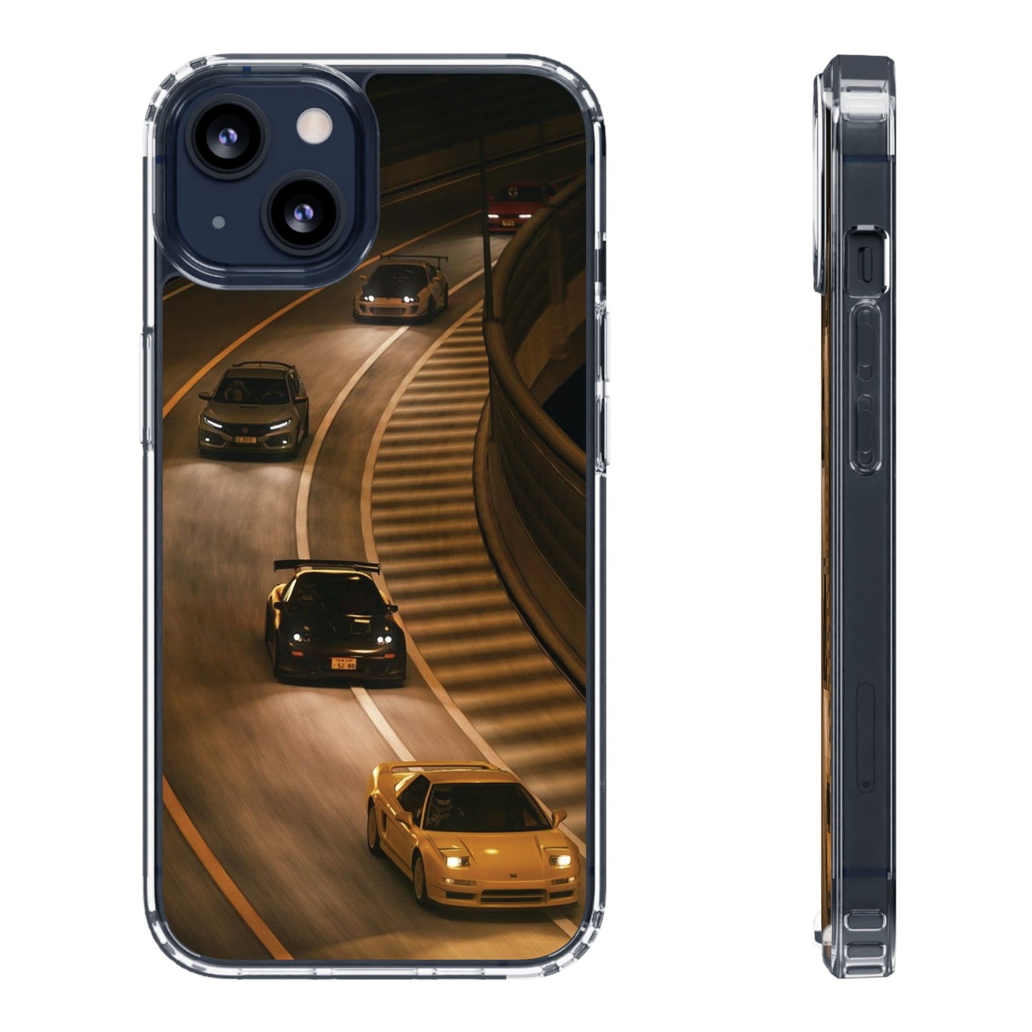Racing Night Clear Phone Case – Sports Cars on Curved Highway