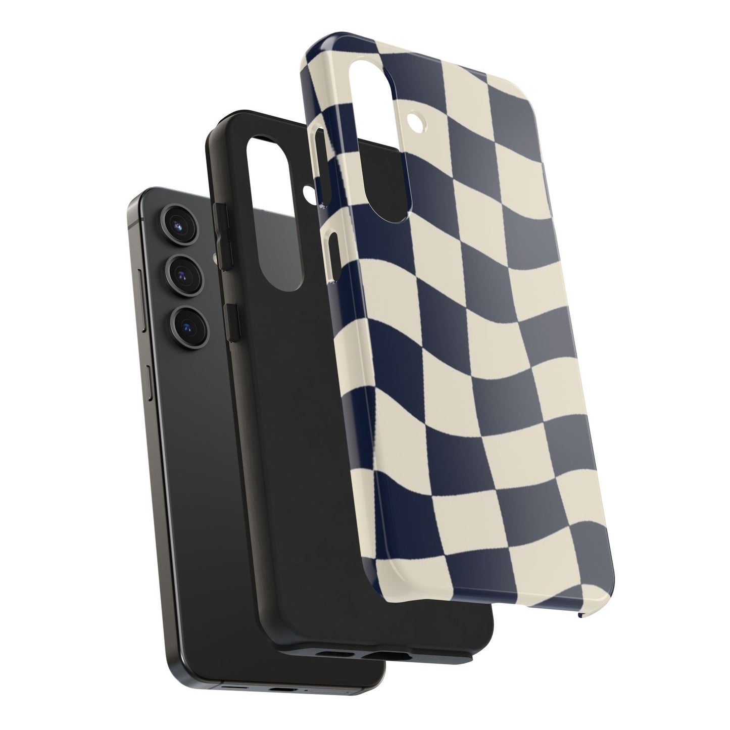 Wavy Checkerboard Tough Phone Case — Navy & Cream Protective Cover