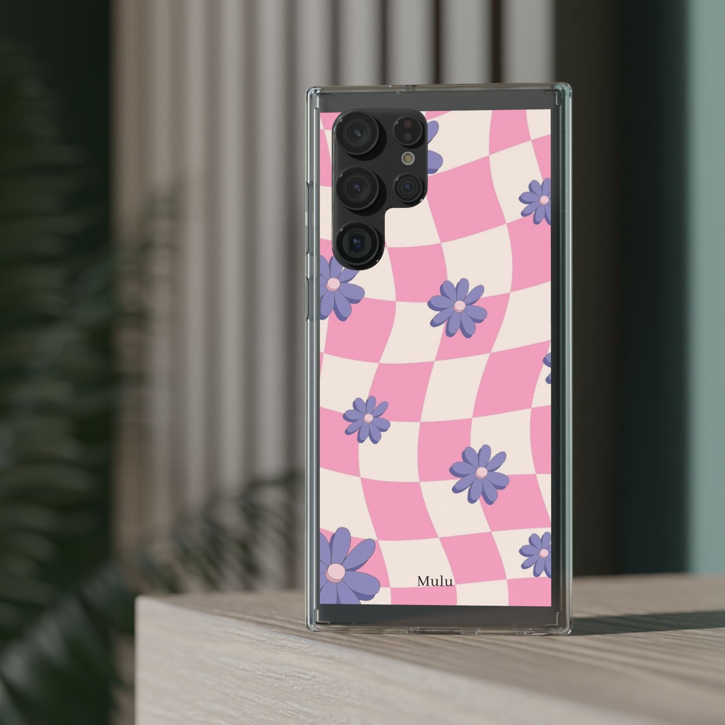 Clear Impact Phone Case — Pink Checkerboard with Purple Flowers
