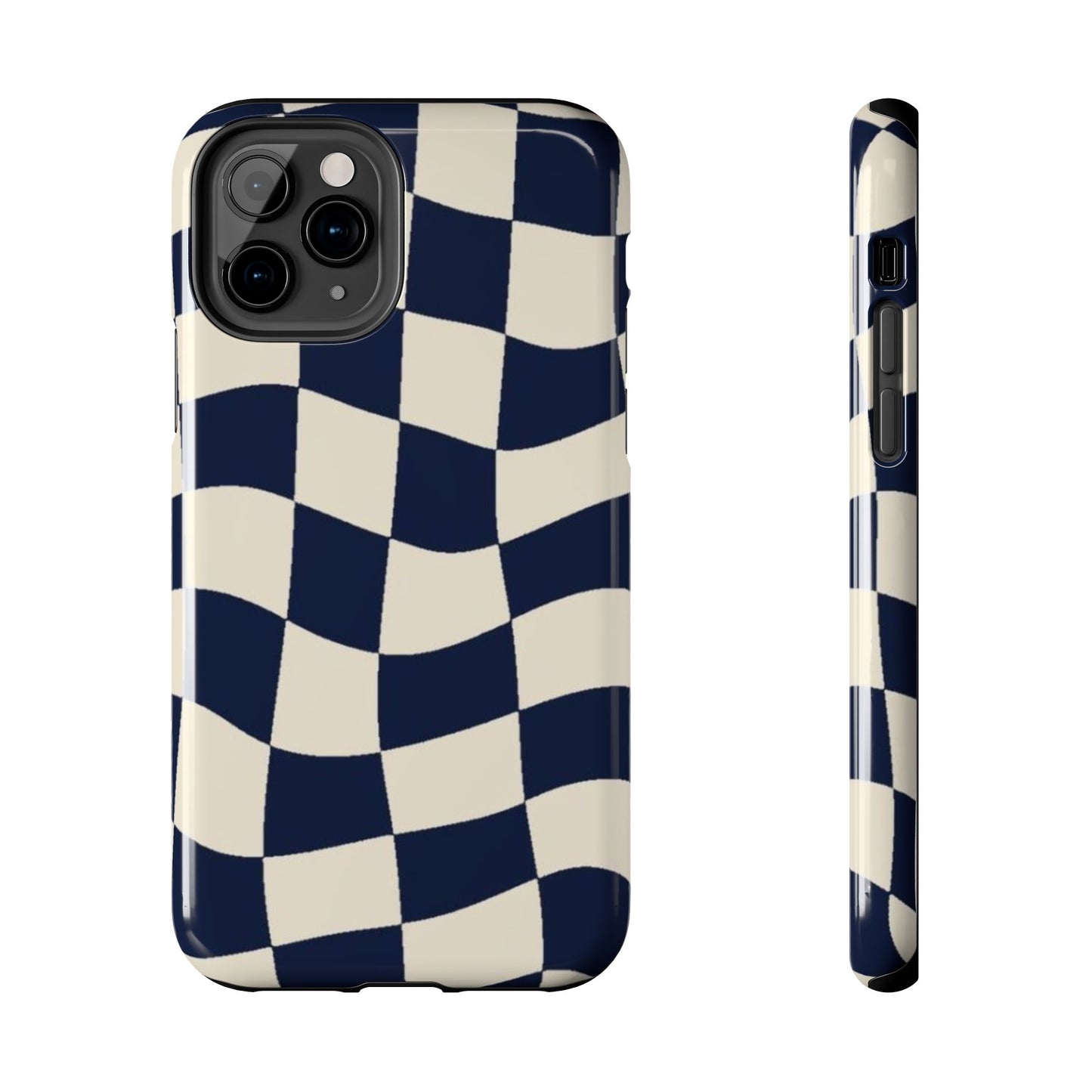 Wavy Checkerboard Tough Phone Case — Navy & Cream Protective Cover